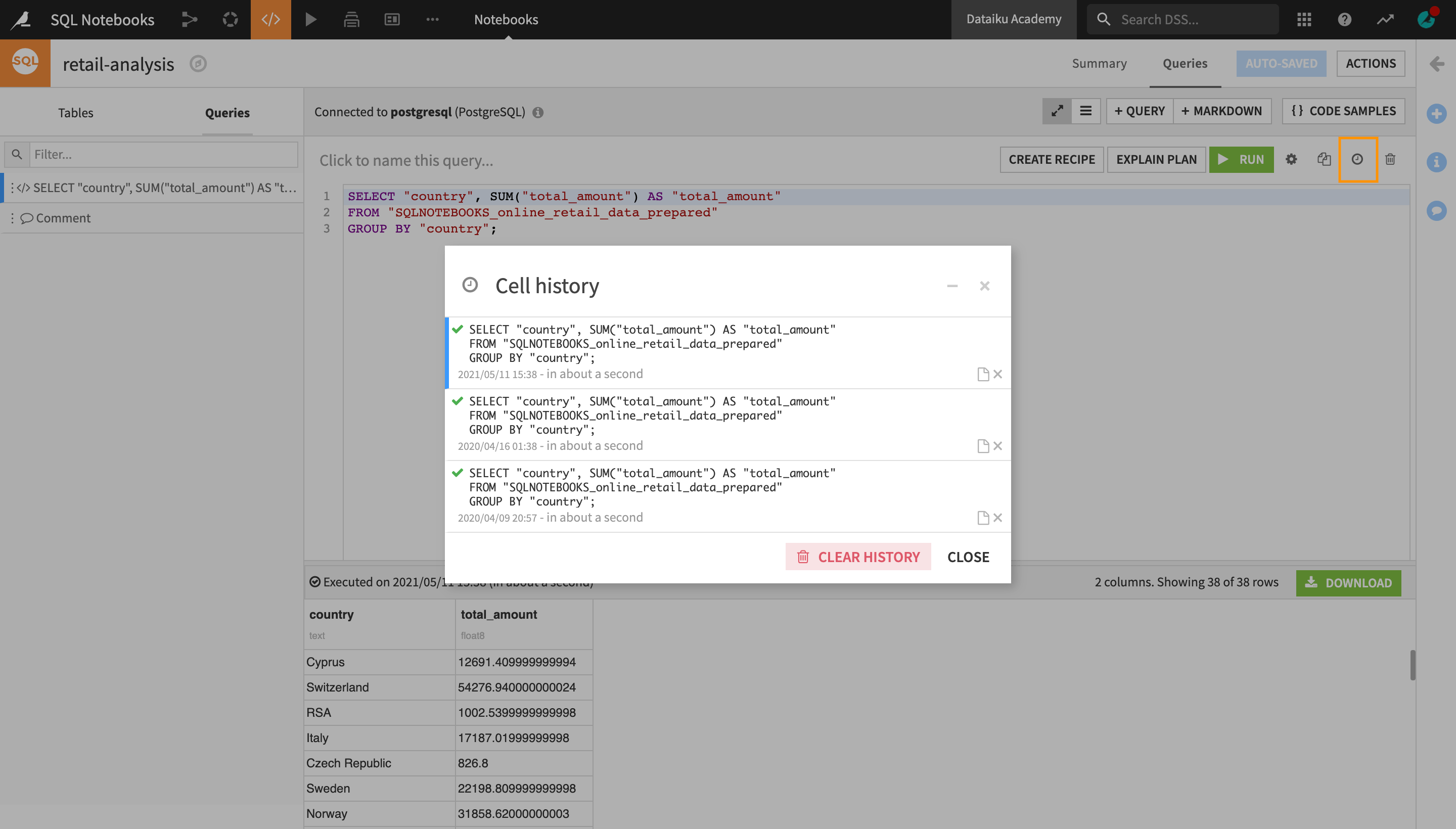 Dataiku screenshot of the cell history of an SQL notebook.