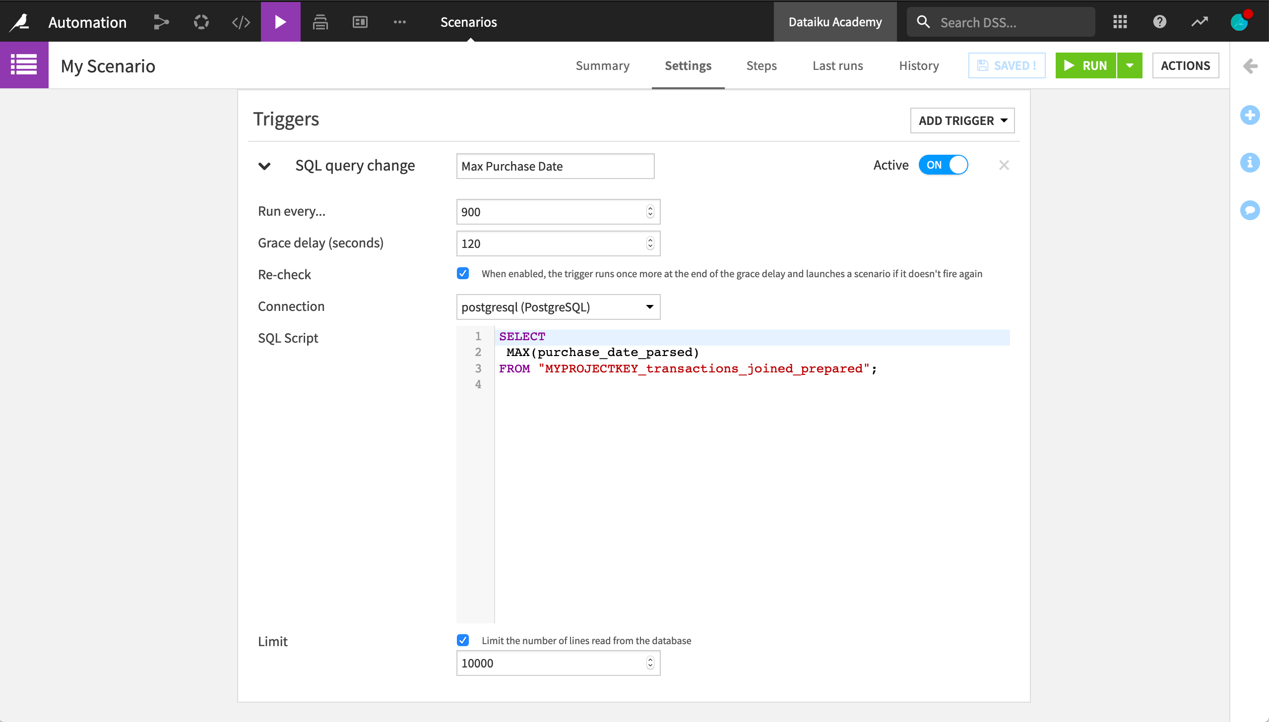 Dataiku screenshot of the Settings tab of a scenario showing an SQL query trigger.