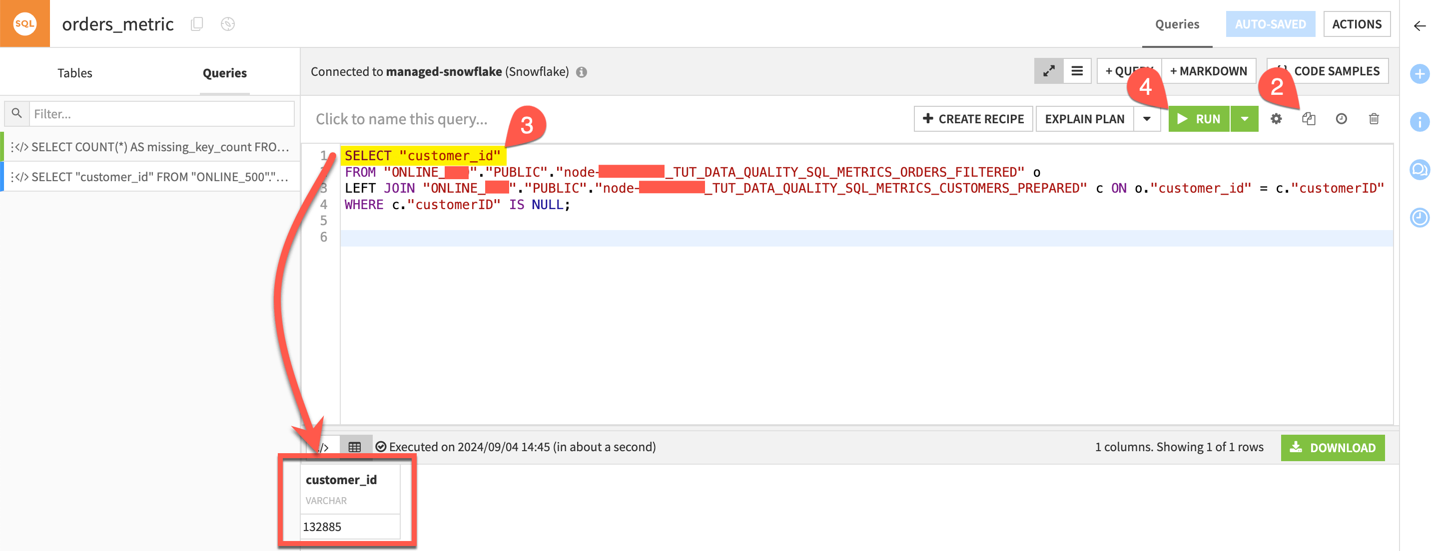 The steps to return the missing customer ID using a SQL query.