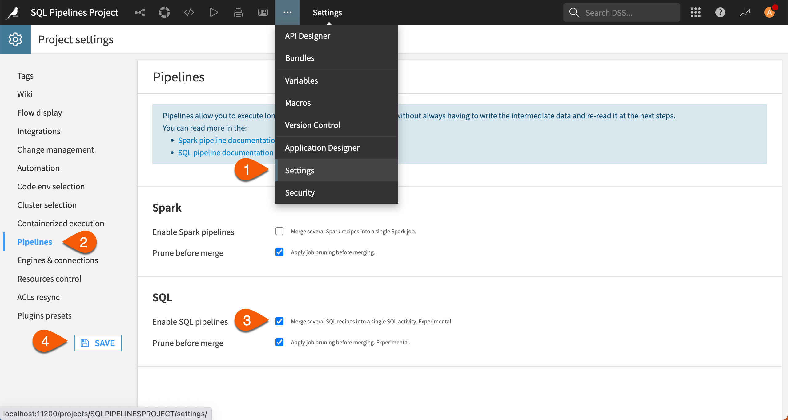 Dataiku screenshot of the settings page to enable SQL pipelines.