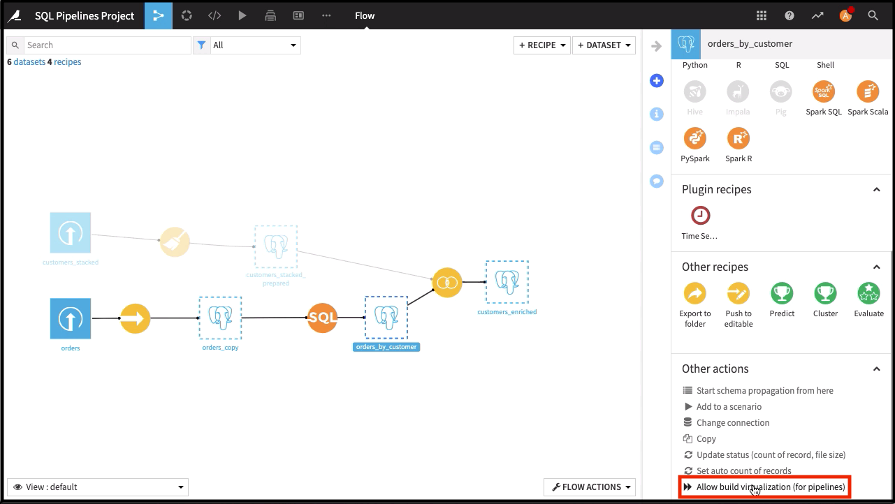 Dataiku screenshot of where to enable SQL pipelines in the Flow.