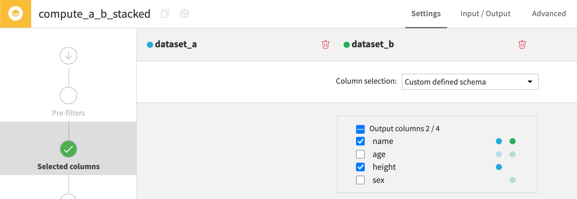 Dataiku screenshot of the configuration of a Stack recipe using a custom schema.