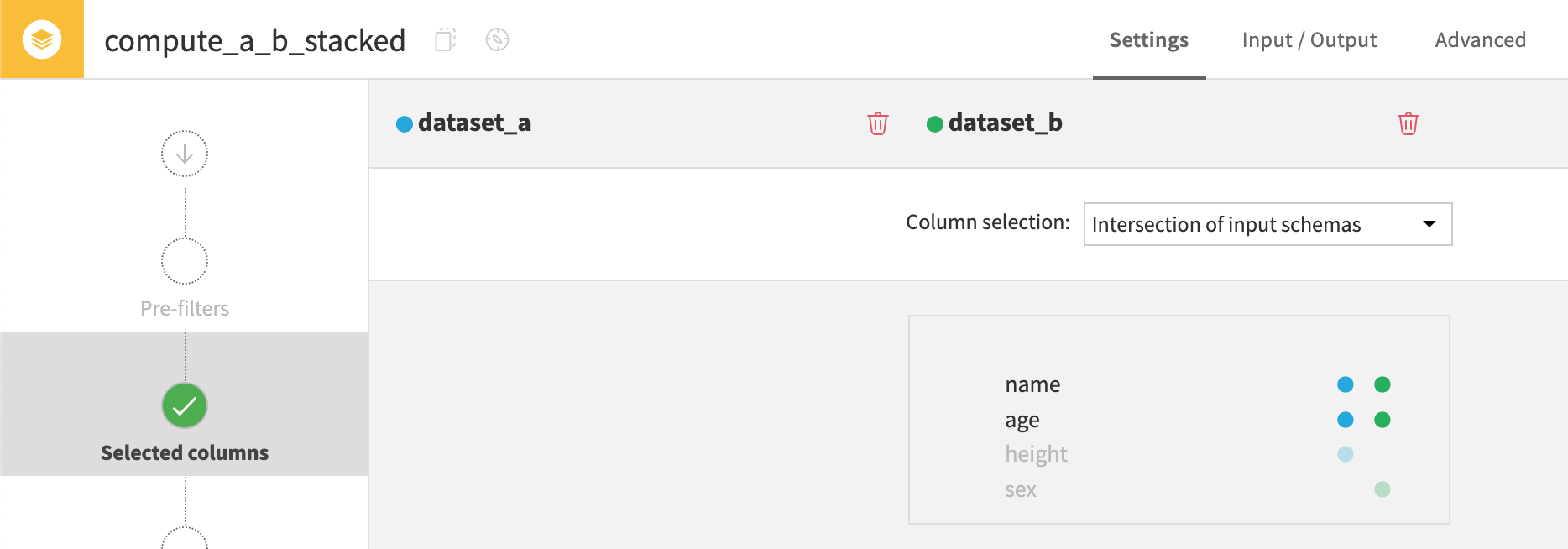 Dataiku screenshot of the configuration of a Stack recipe to intersect schemas.