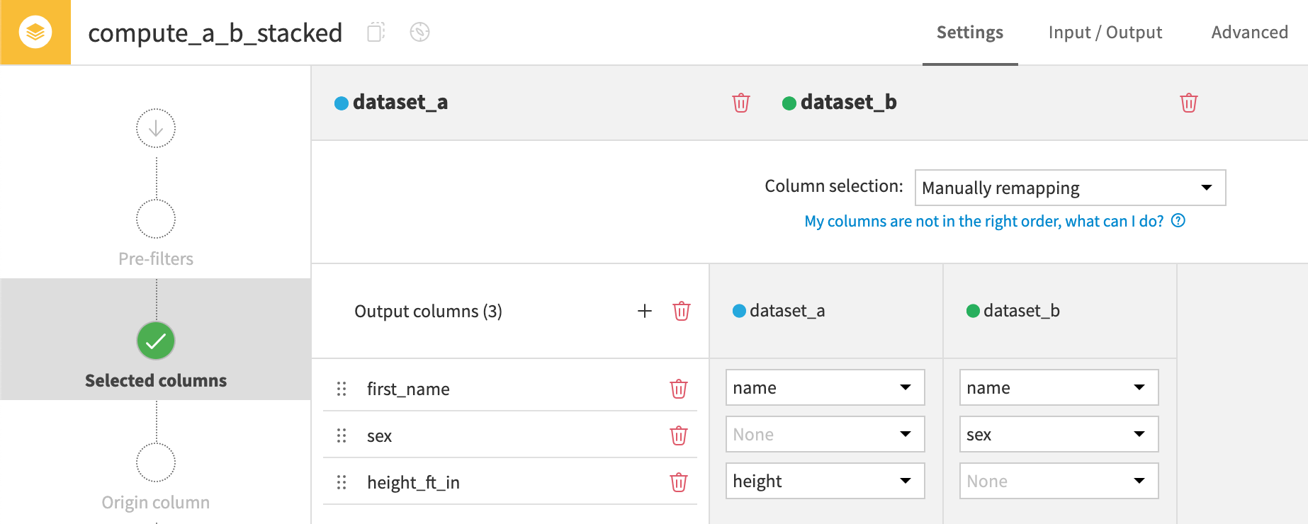 Dataiku screenshot of the configuration of a Stack recipe using manual remapping.