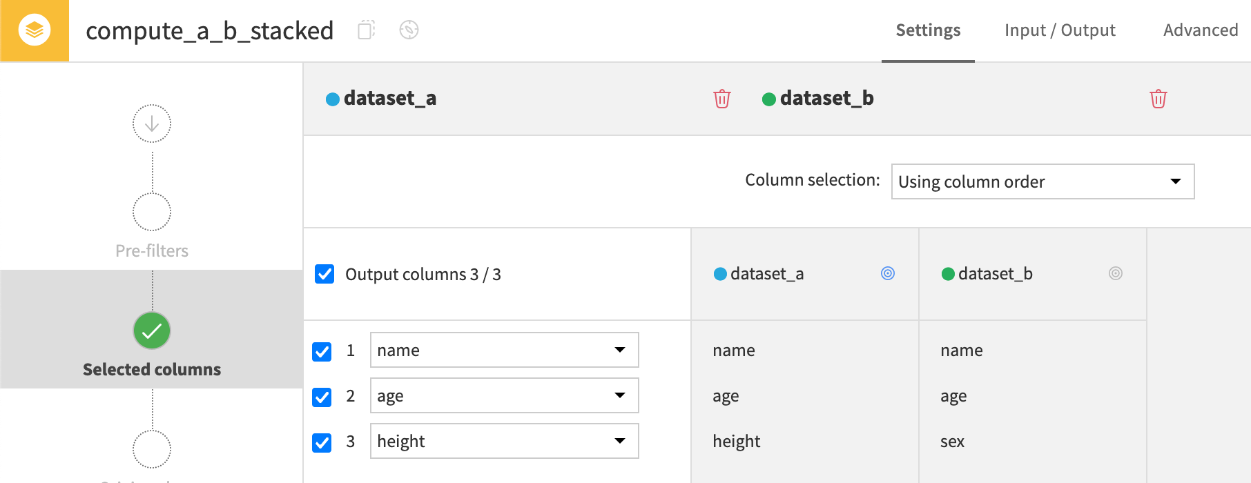 Dataiku screenshot of the configuration of a Stack recipe using column order.