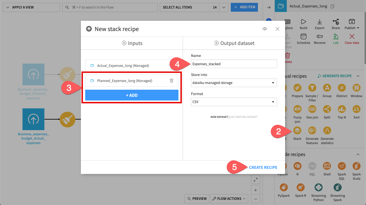 Dataiku screenshot showing how to create a Stack recipe from the Flow.