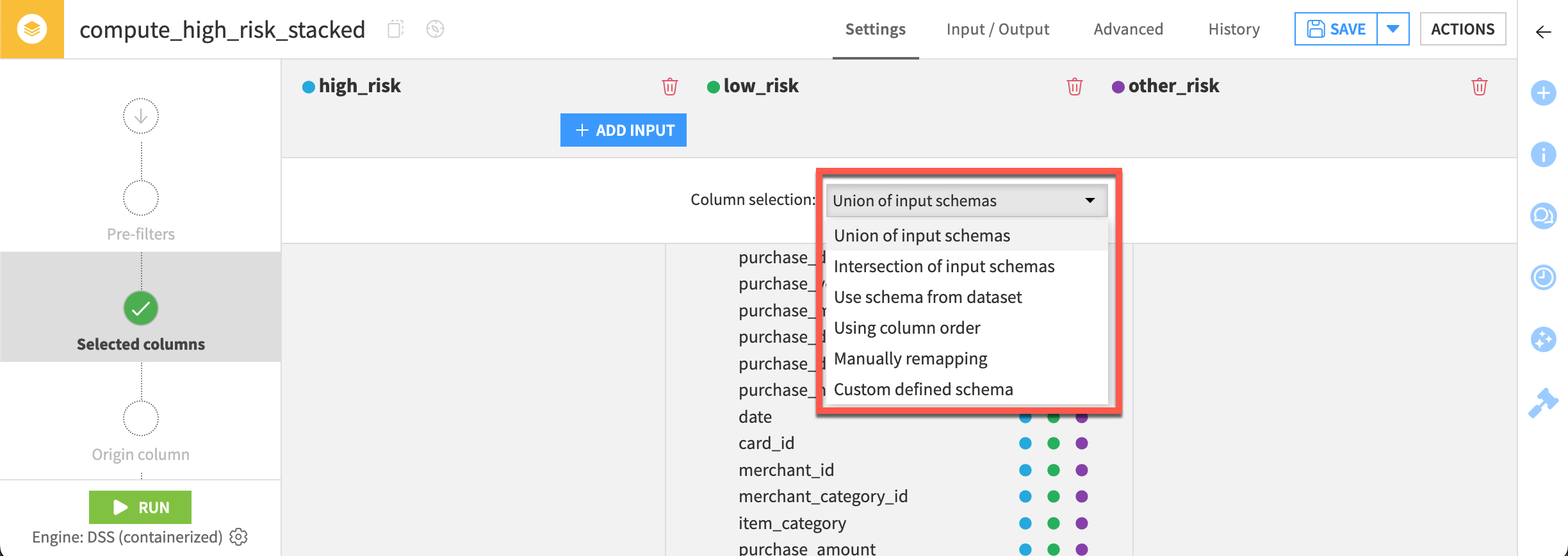 Dataiku screenshot of a Stack recipe configuration.