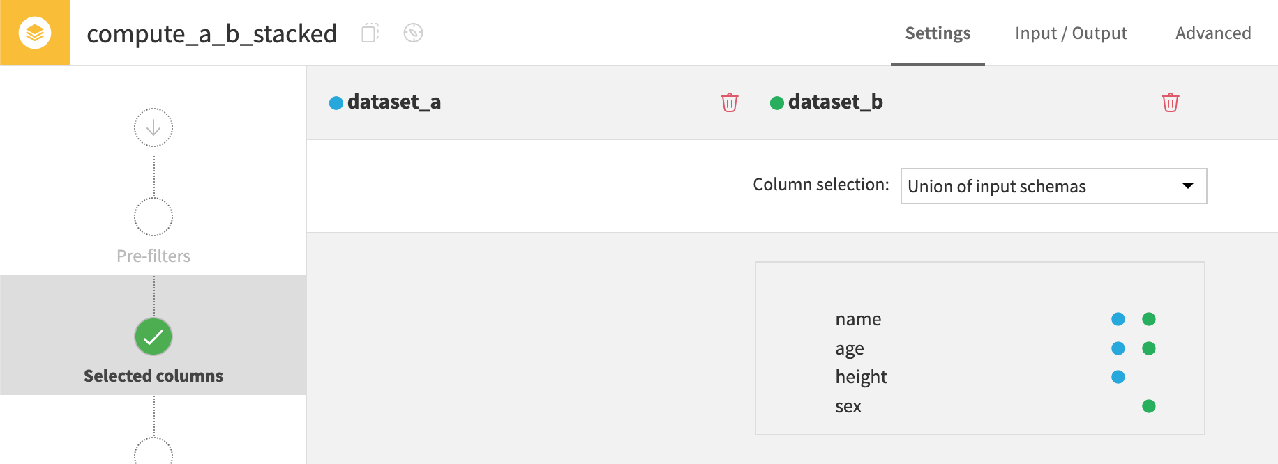 Dataiku screenshot of the configuration of a Stack recipe to union schemas.