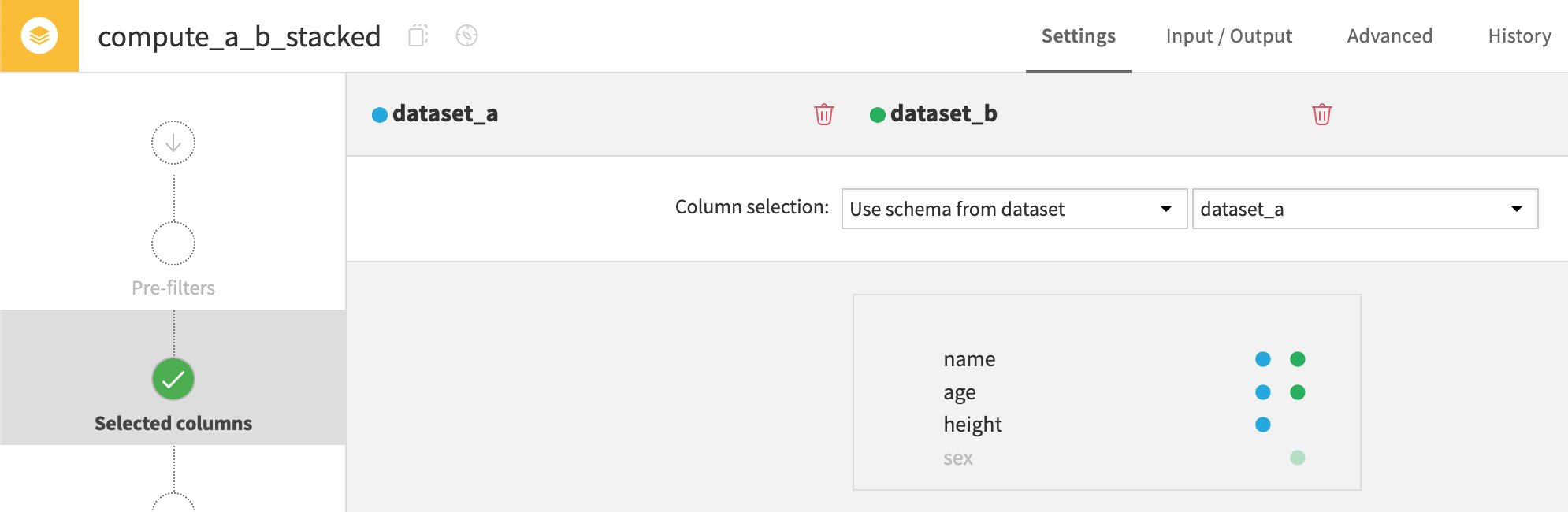 Dataiku screenshot of the configuration of a Stack recipe using the schema of a dataset.