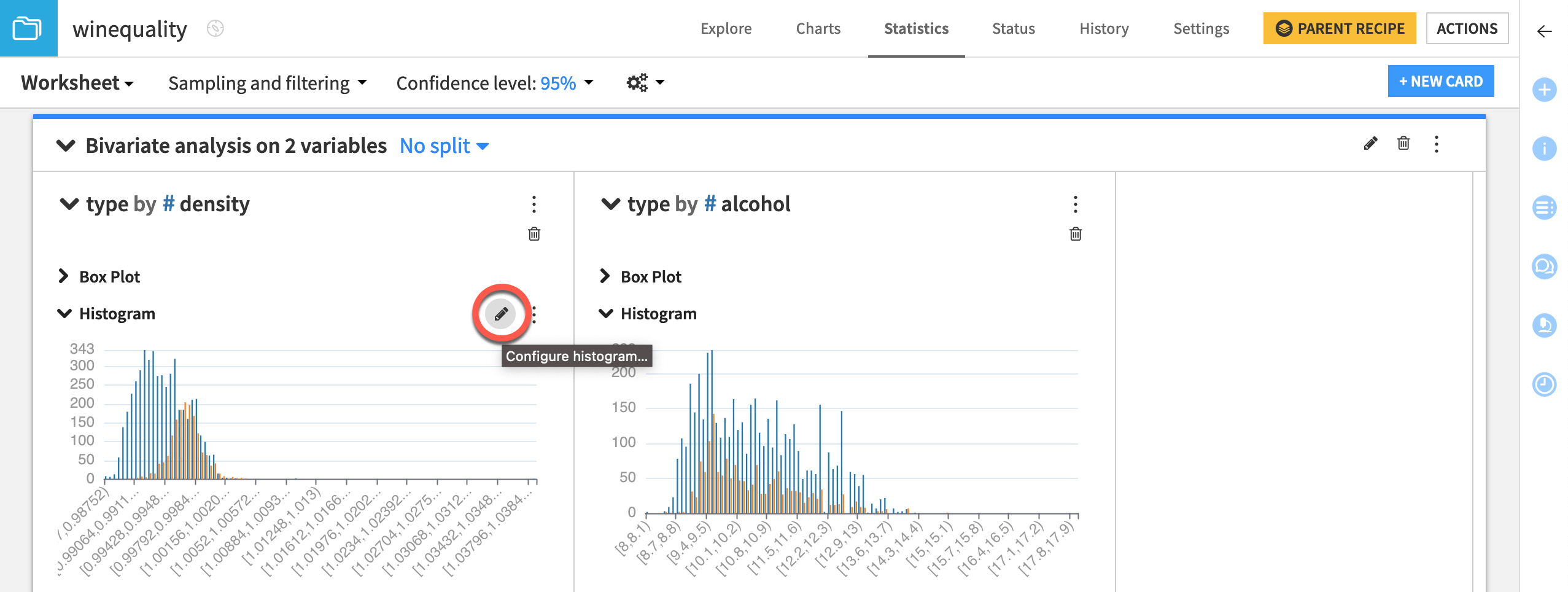 Dataiku screenshot of two side by side histograms with a fixed number of one hundred bins.