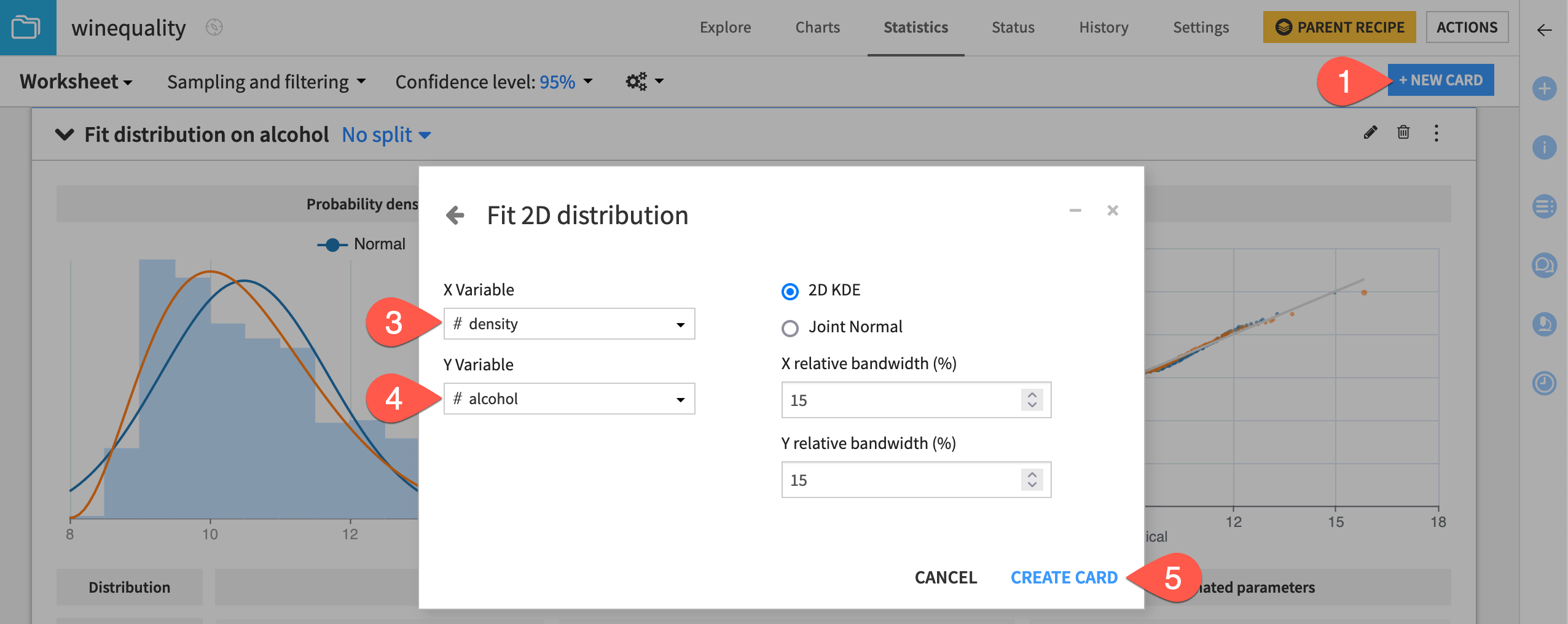 Dataiku screenshot of the dialog to create a 2d fit distribution card.