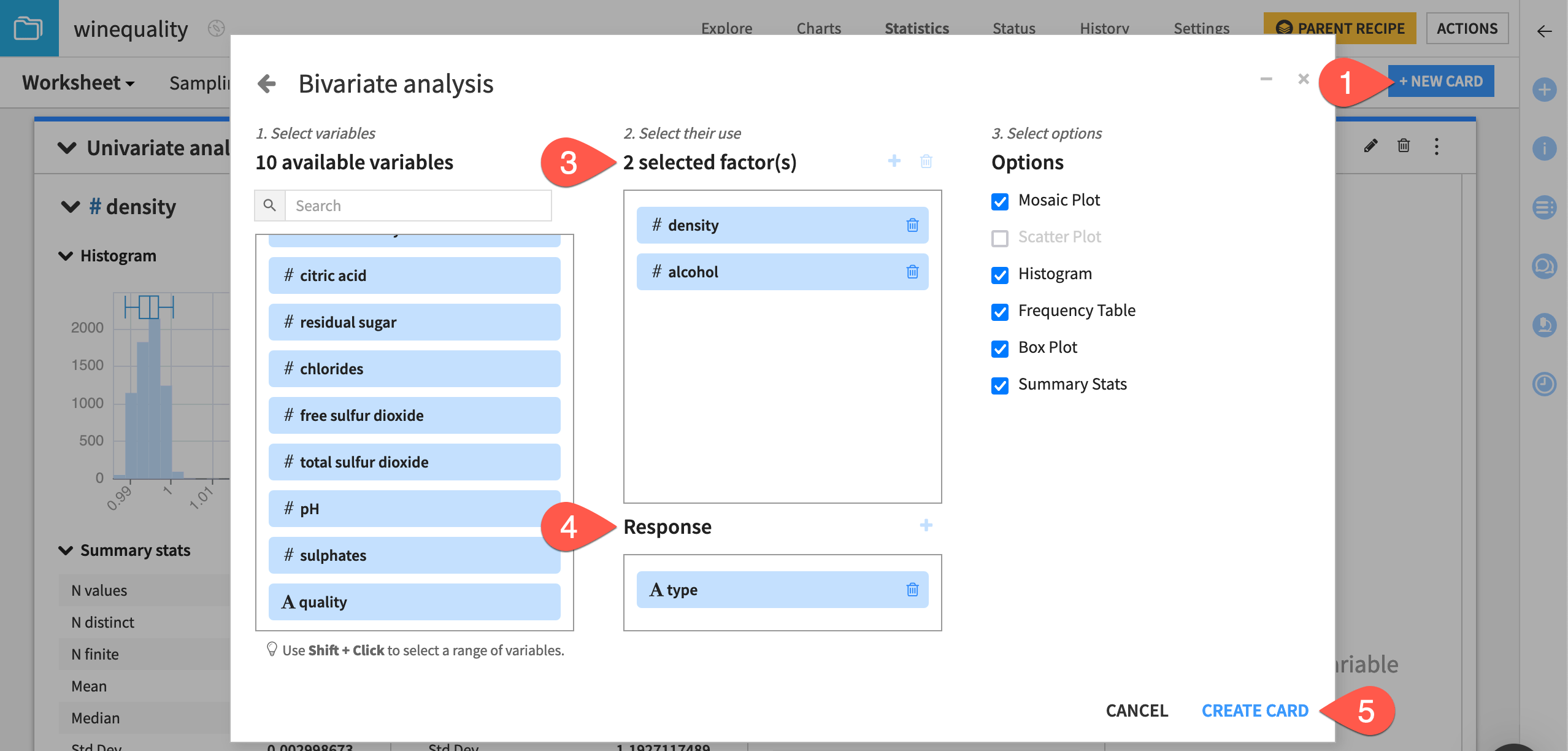 Dataiku screenshot of the dialog to create a bivariate analysis card.