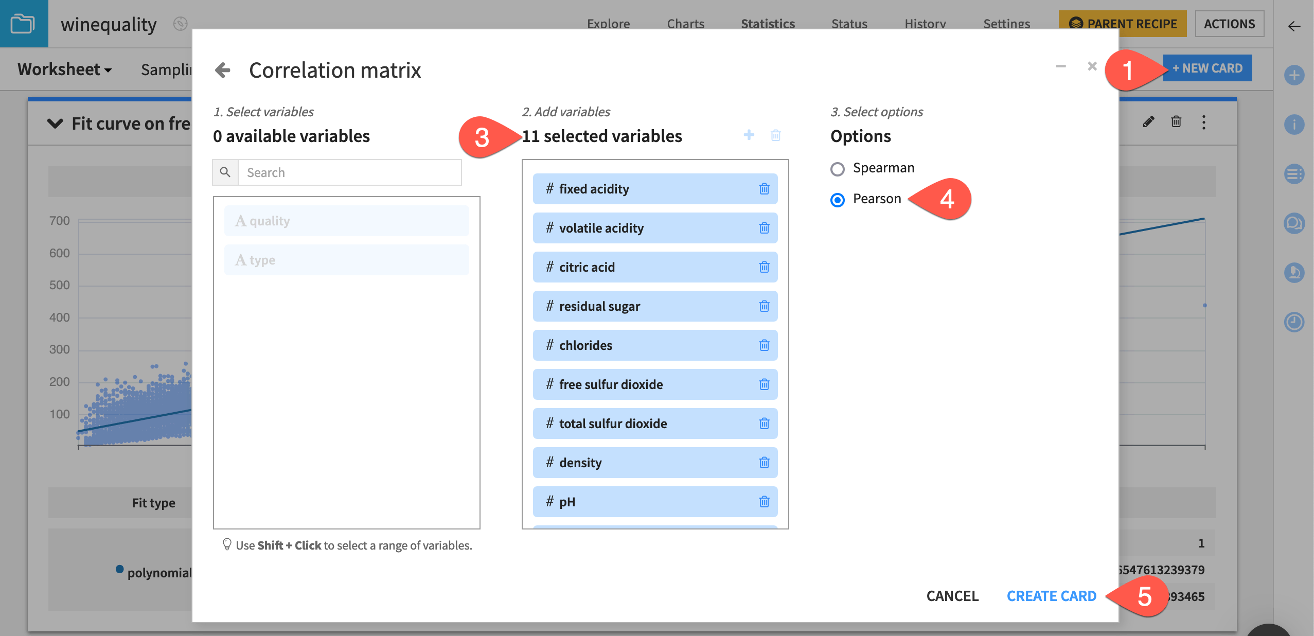 Dataiku screenshot of the dialog to create a correlation matrix card.