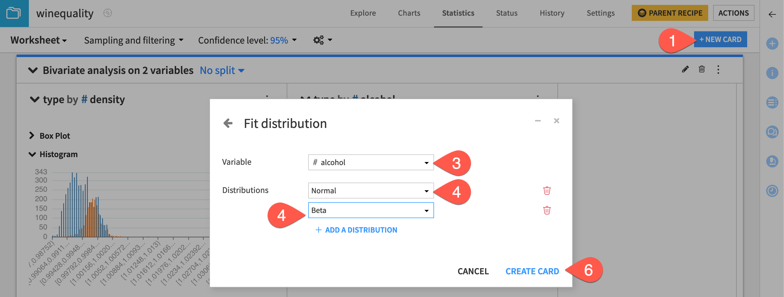 Dataiku screenshot of the dialog to create a fit distribution card.