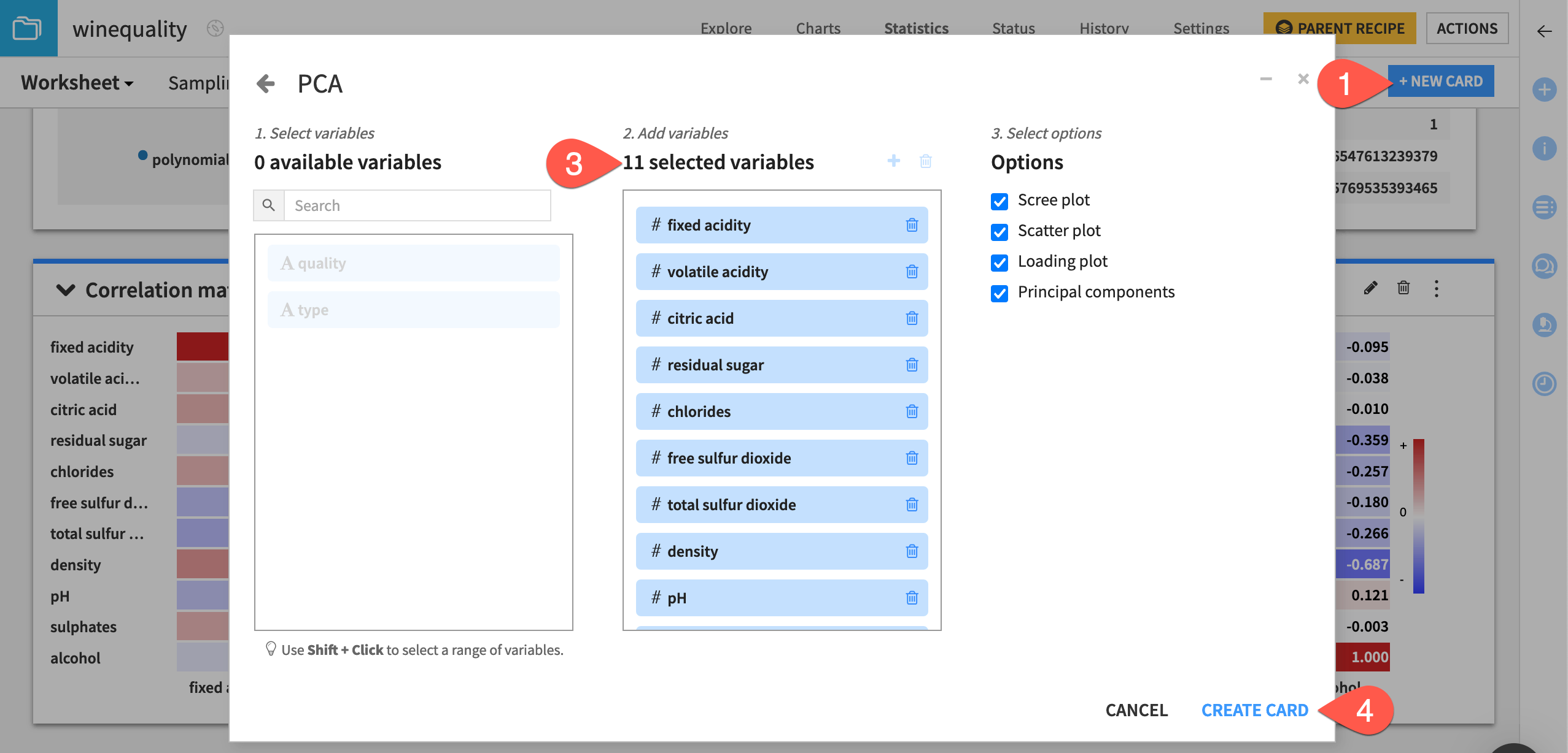 Dataiku screenshot of the dialog to create a PCA card.