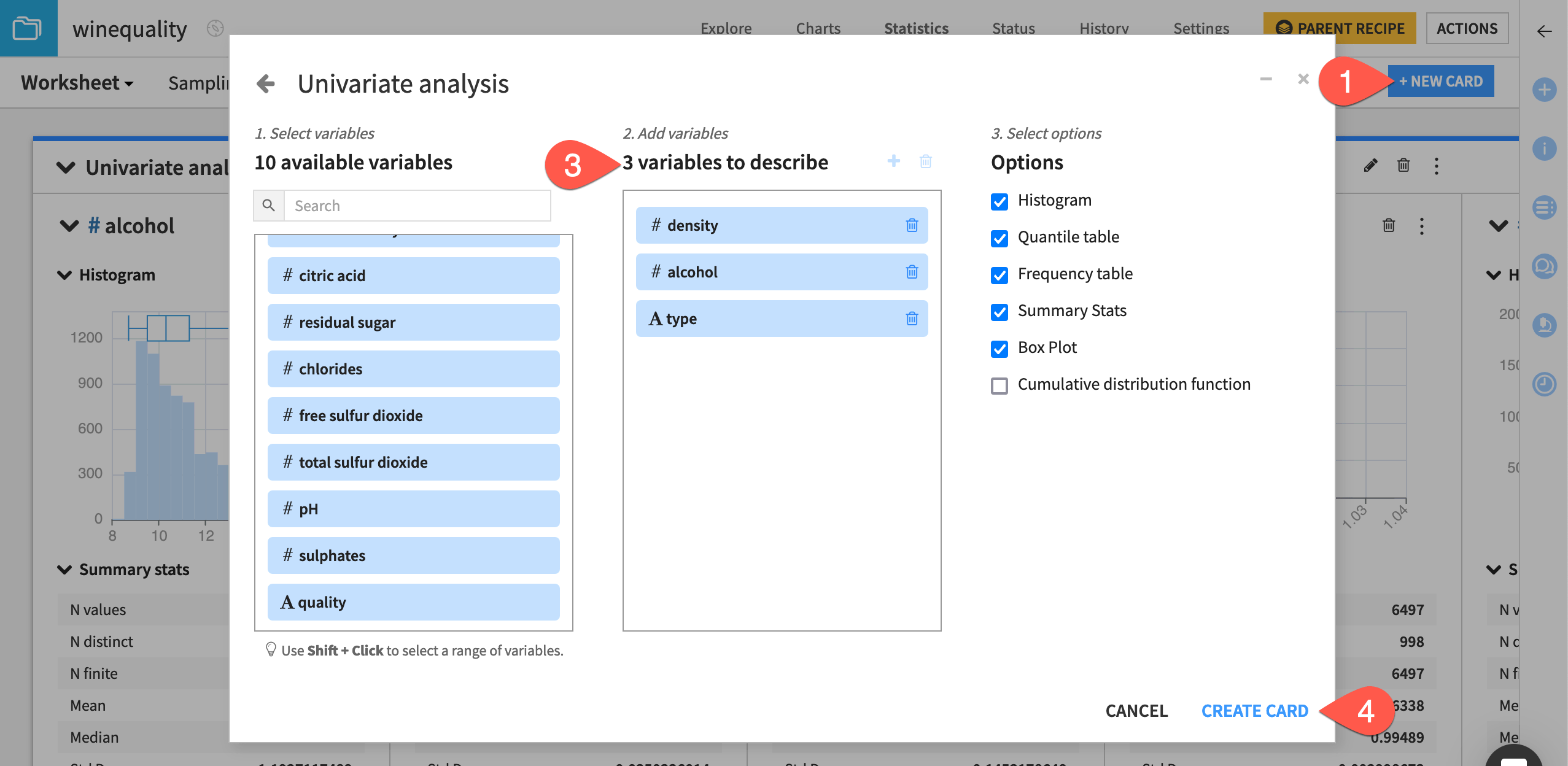 Dataiku screenshot of the dialog to create a univariate analysis card.