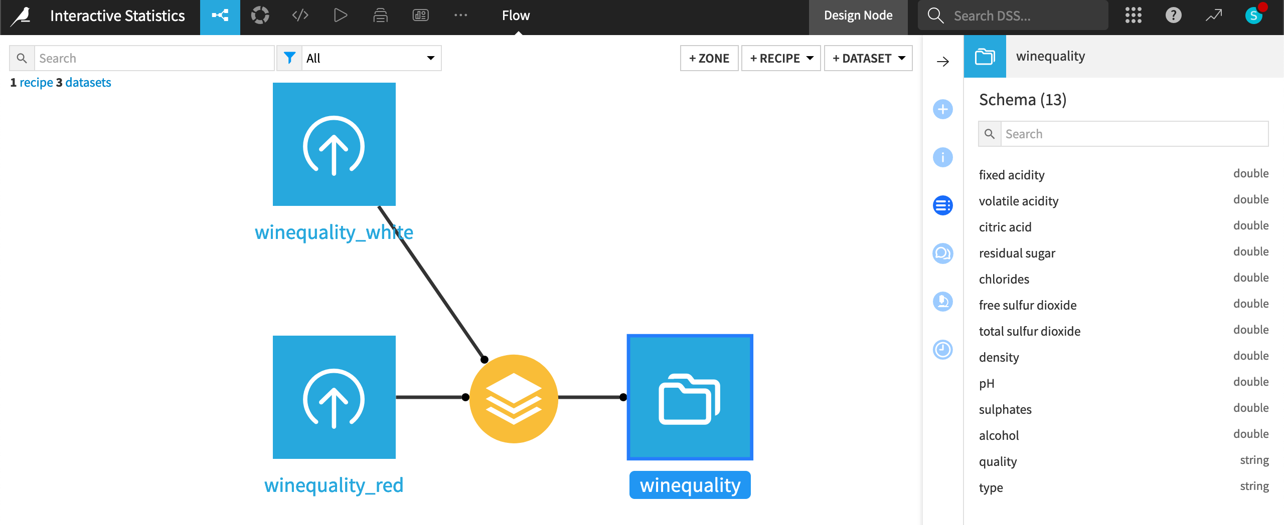 Dataiku screenshot of the Flow of the wine quality project.