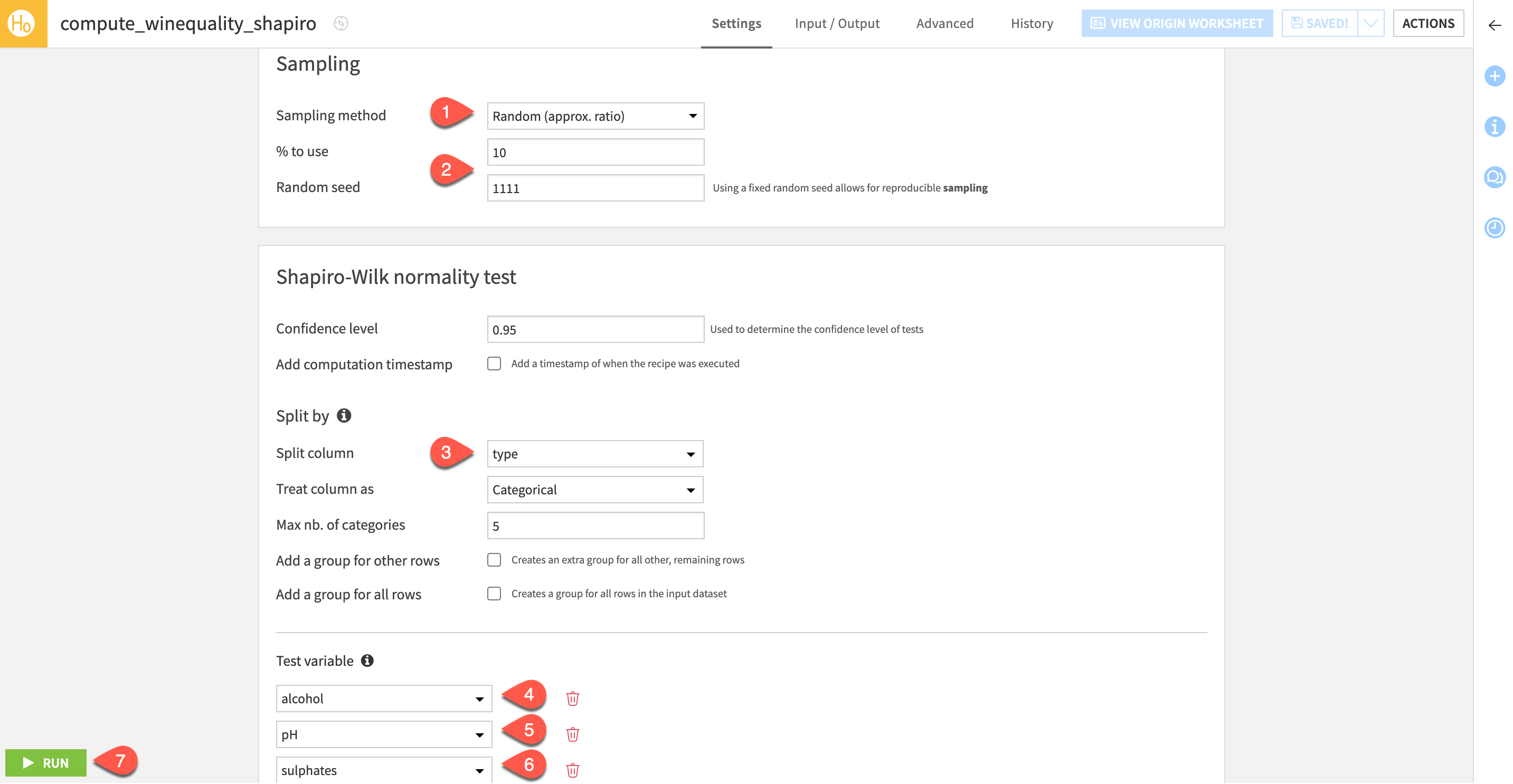 Dataiku screenshot of the Generate statistics recipe configuration for the Shapiro-Wilks normality test.