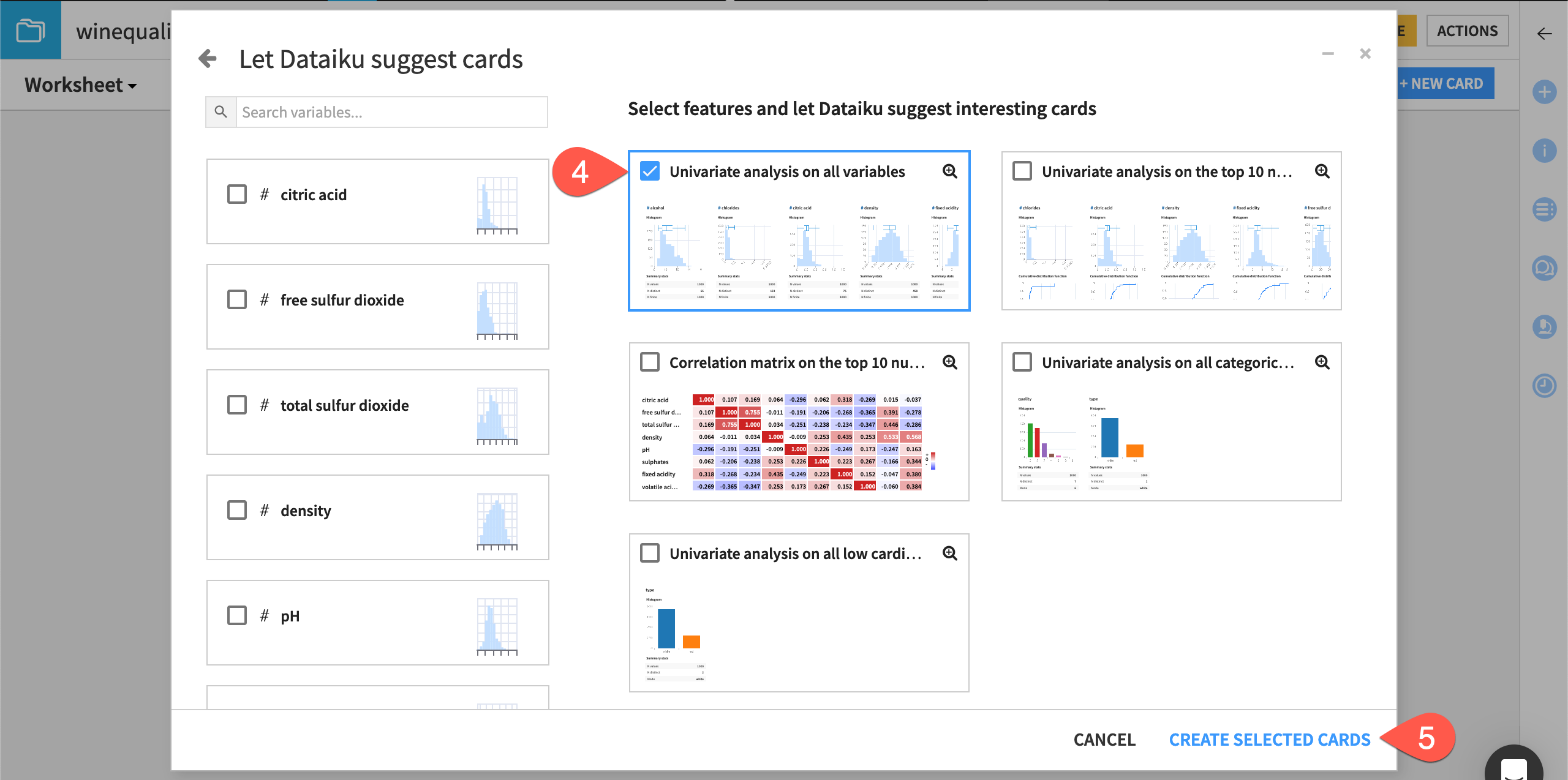 Dataiku screenshot of the dialog for creating suggested statistics cards.