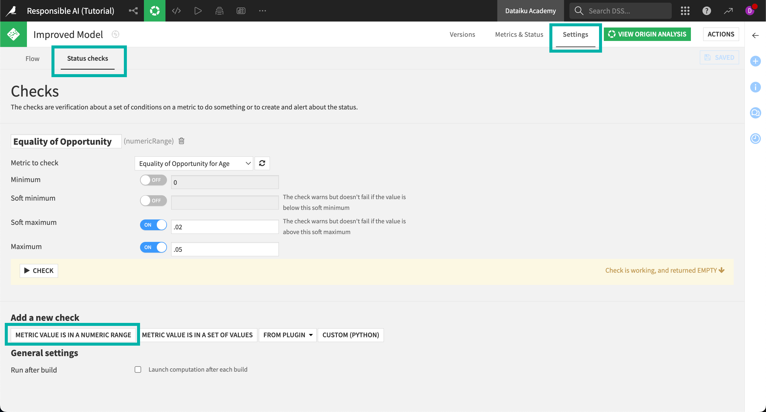 The status checks screen to add a new check.