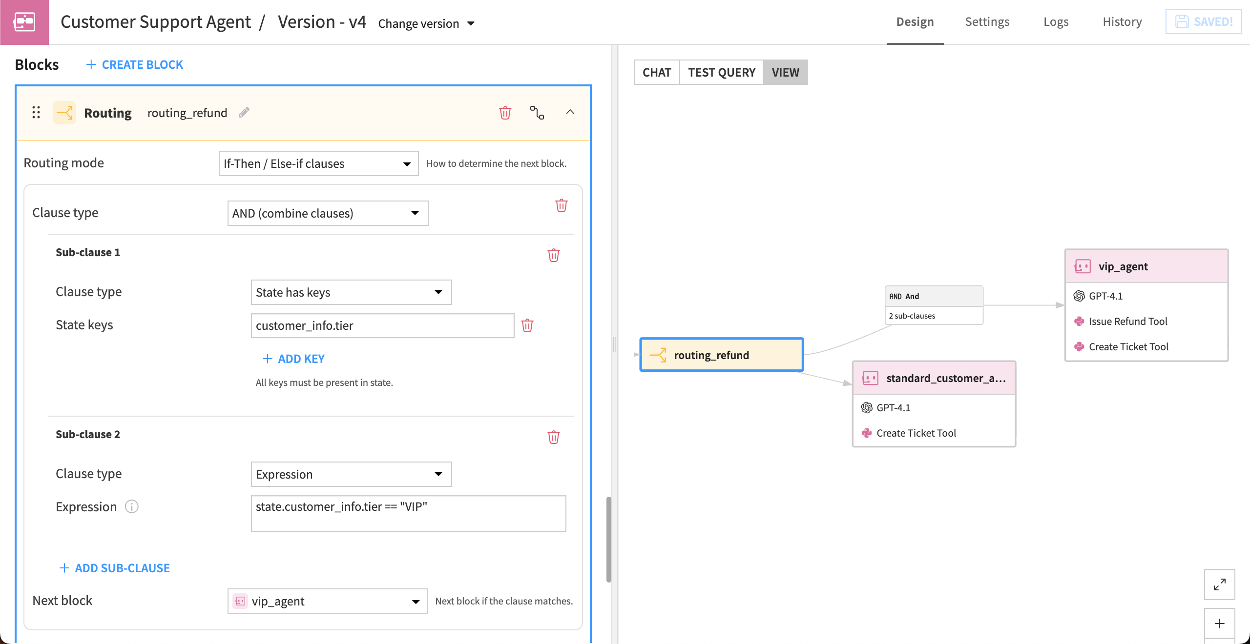 Dataiku screenshot showing details of a Routing block that routes customer requests depending on if they are VIP or standard customer refund requests.