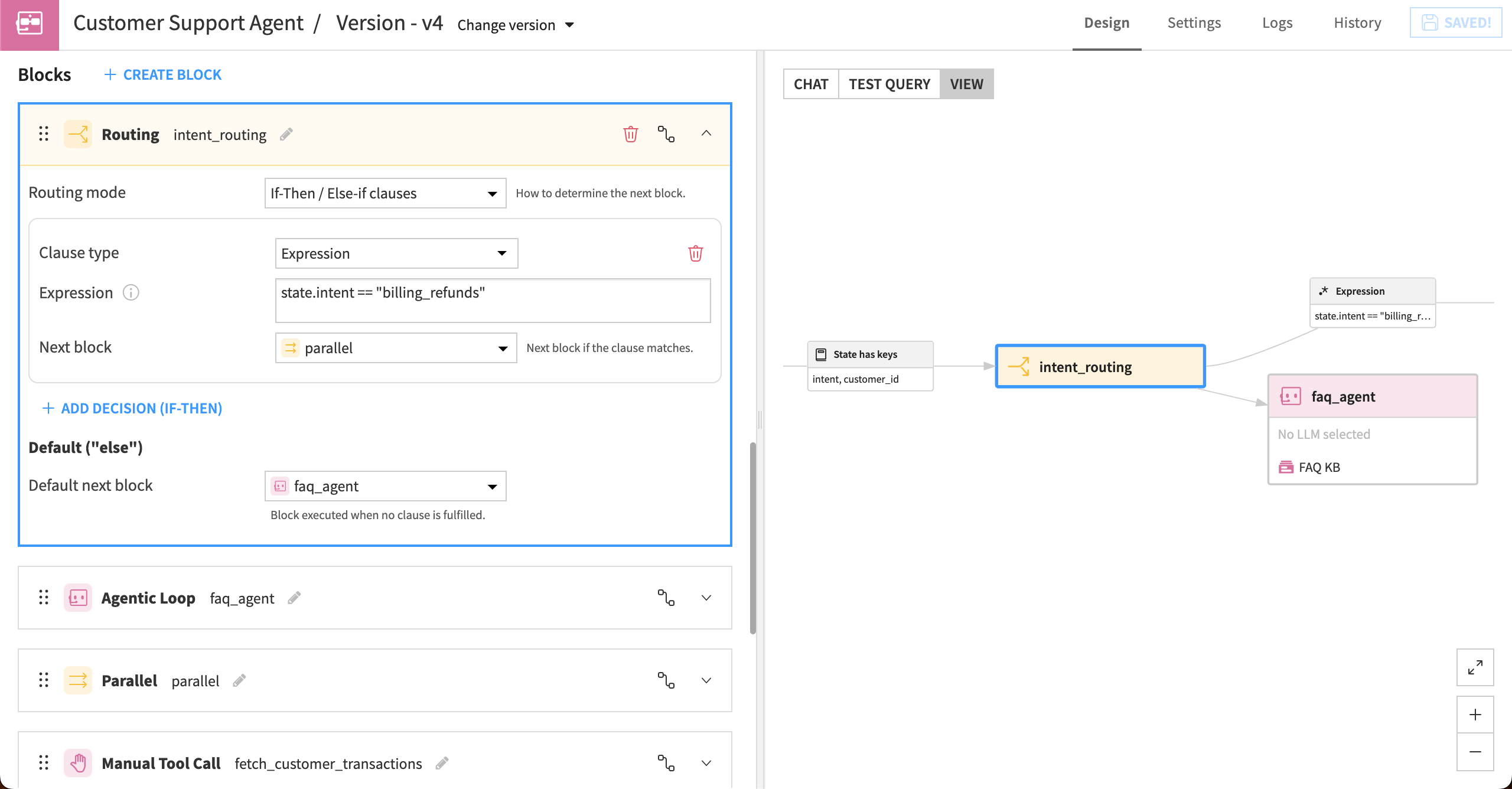 Dataiku screenshot showing details of a Routing block that sends the request to different channels.