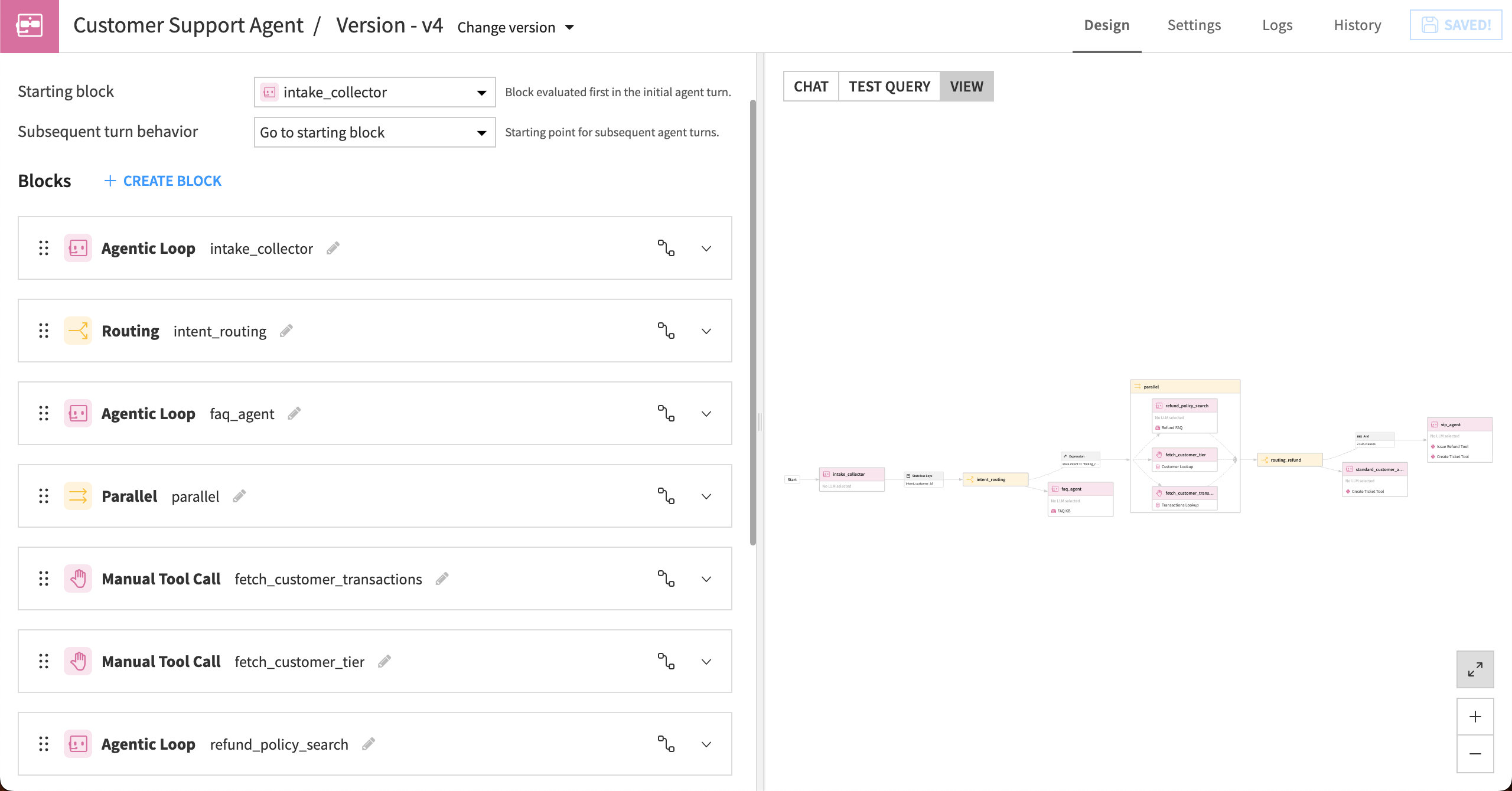 Dataiku screenshot showing the diagram view of an example customer service agent.