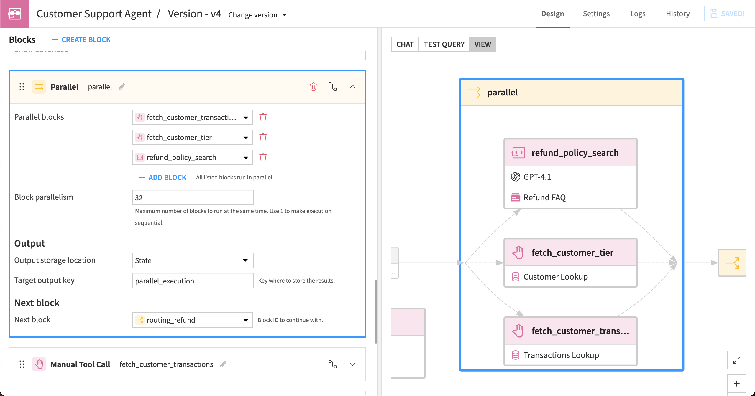 Dataiku screenshot showing details of a Parallel block that runs three other blocks simultaneously.