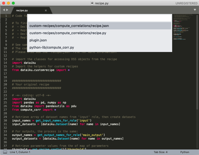 Screenshot of a Dataiku plugin being edited from Sublime Text.