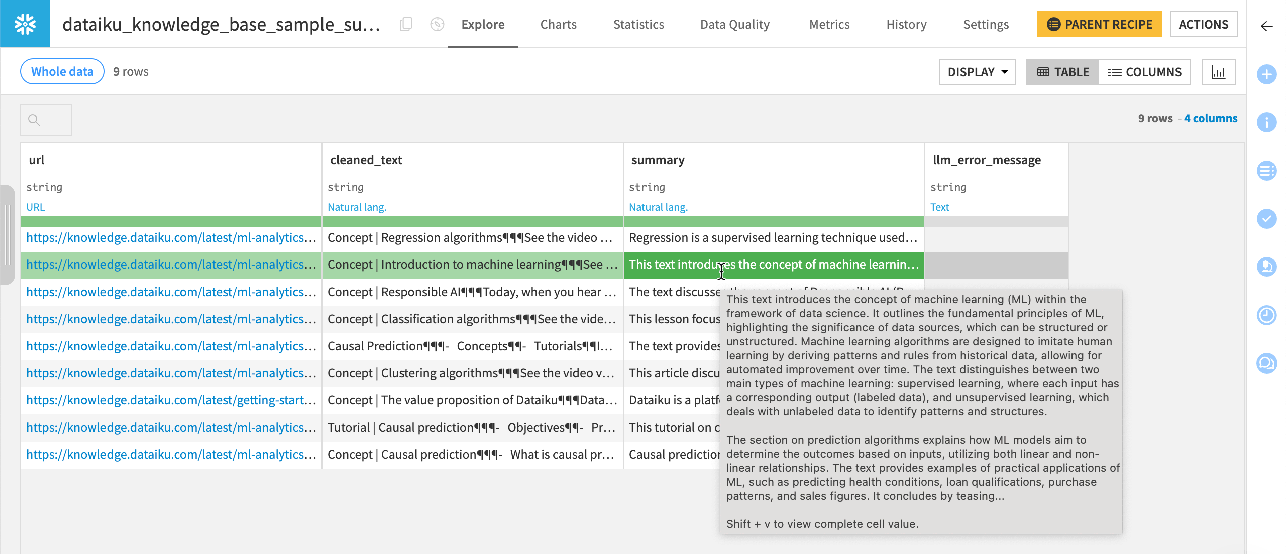 Screenshot of the output dataset of the Summarize text recipe.