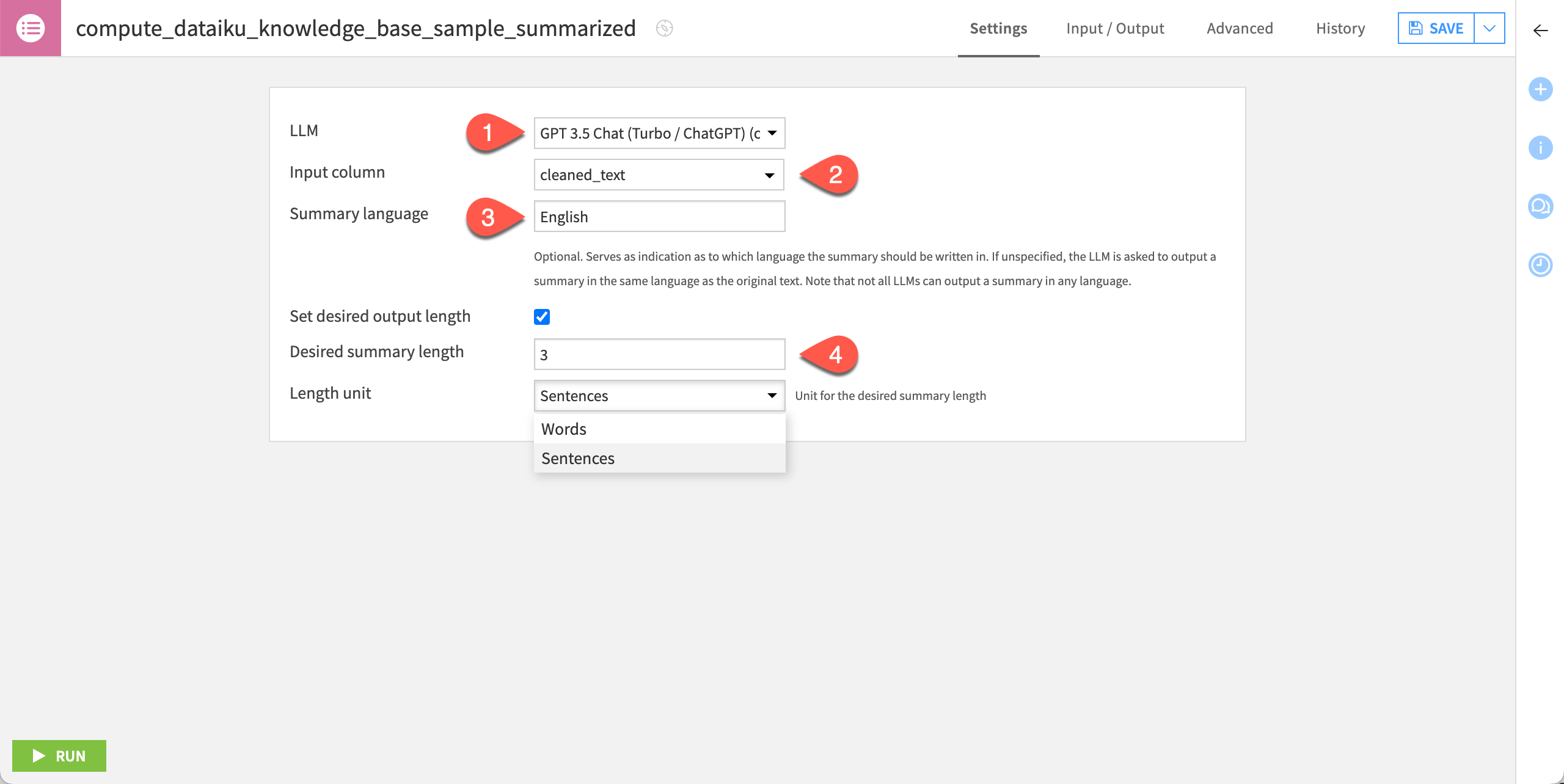 Screenshot of the settings page of a Summarize text recipe.