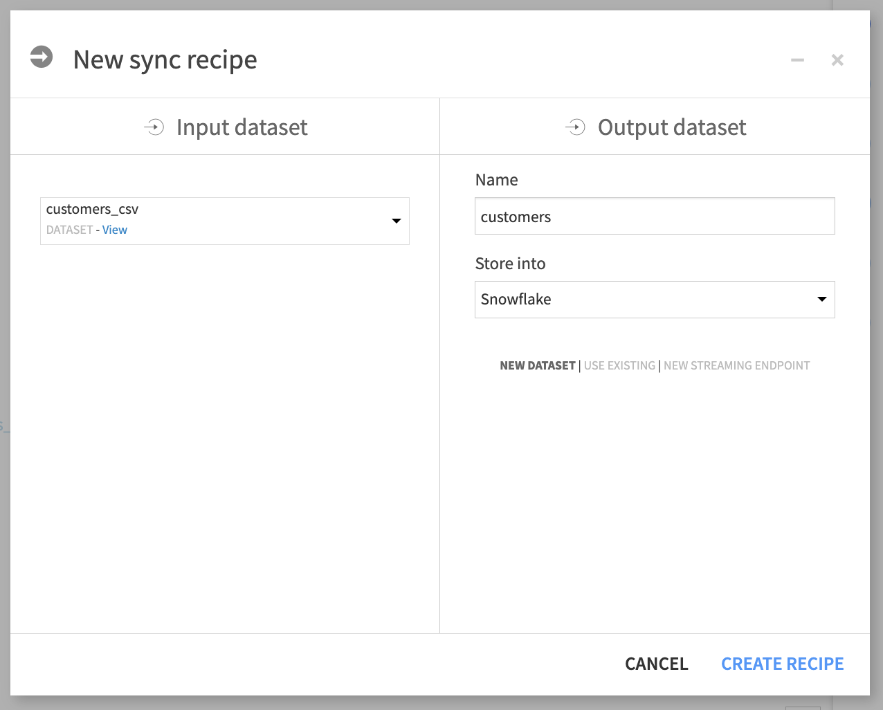 New sync recipe info window storing data into a SQL connection.