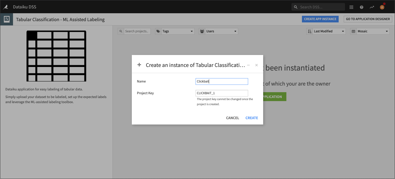 Creation menu of a Tabular Classification App