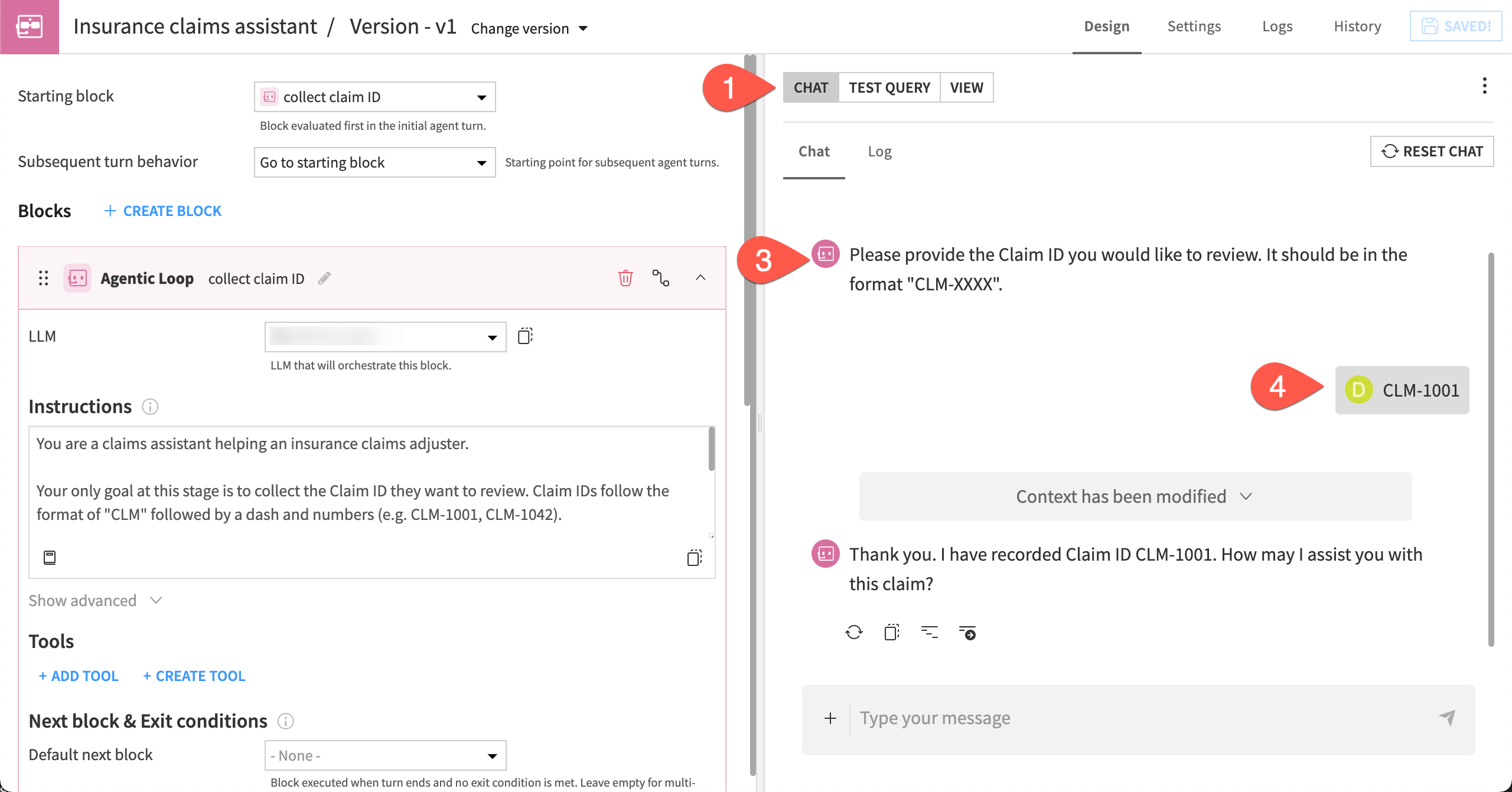 Dataiku screenshot showing the steps to test the Agentic Loop block in chat.