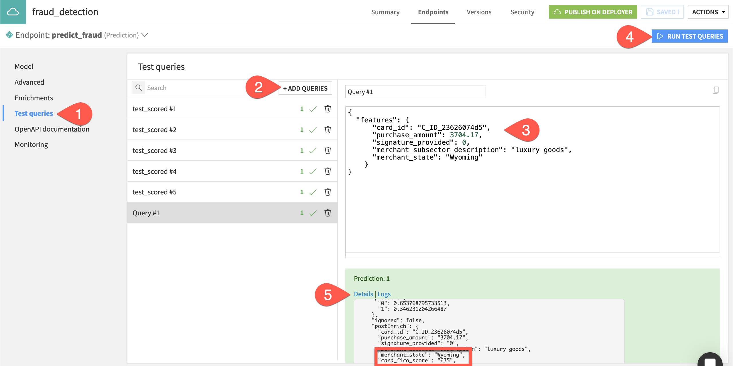 Dataiku screenshot of a test data enrichment for a prediction query.