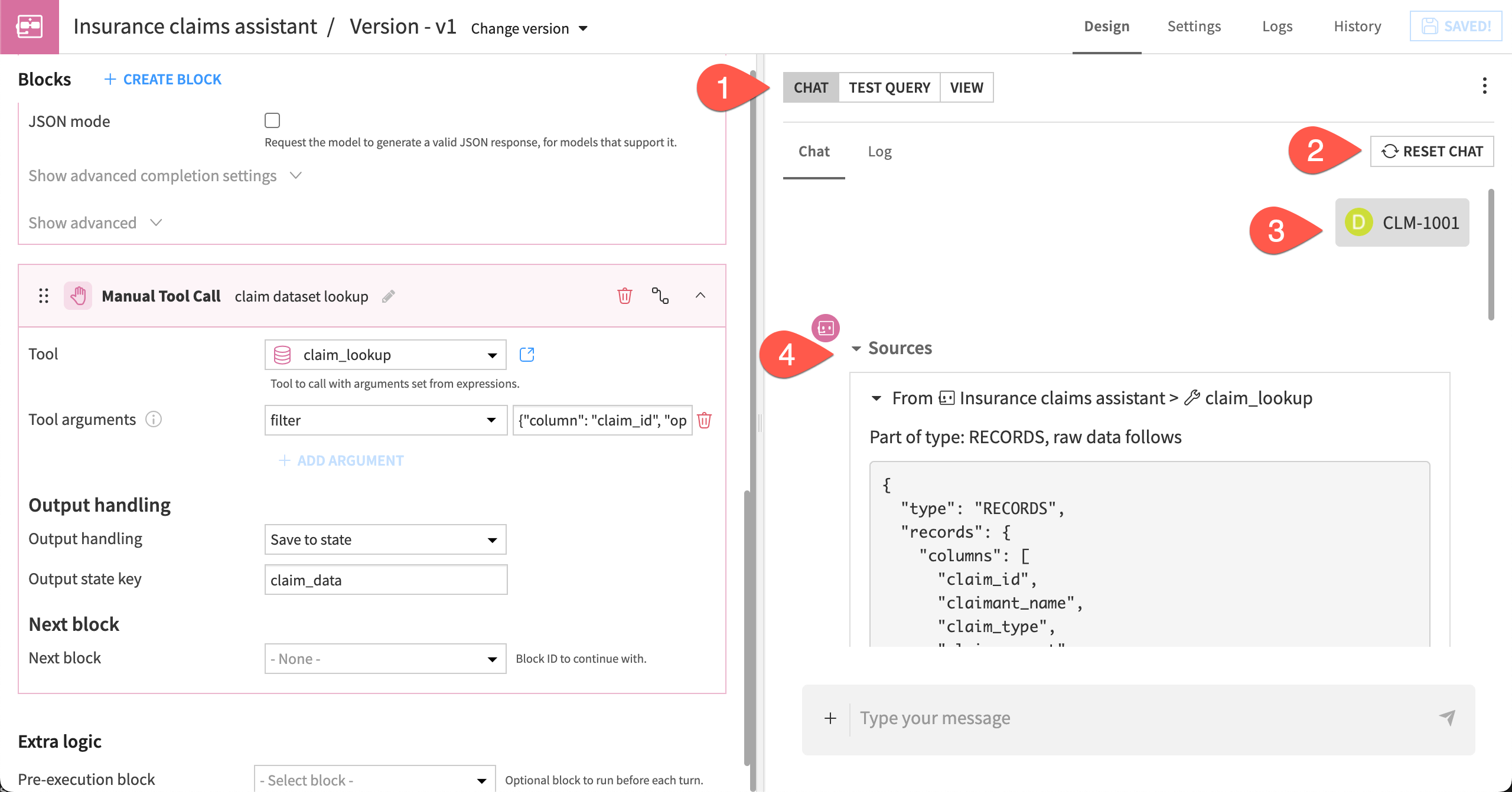 Dataiku screenshot showing how to test the Manual Tool Call block.
