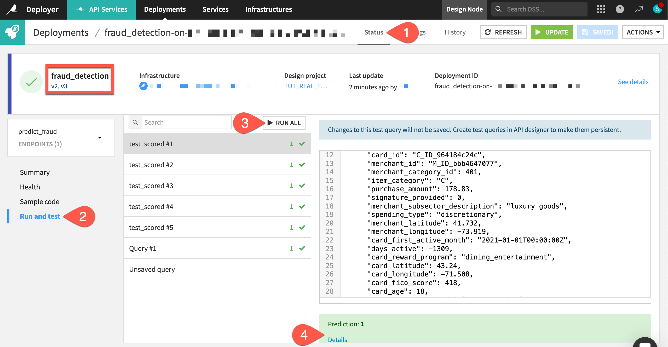 Dataiku screenshot of test queries showing which version of the API endpoint generated the response.