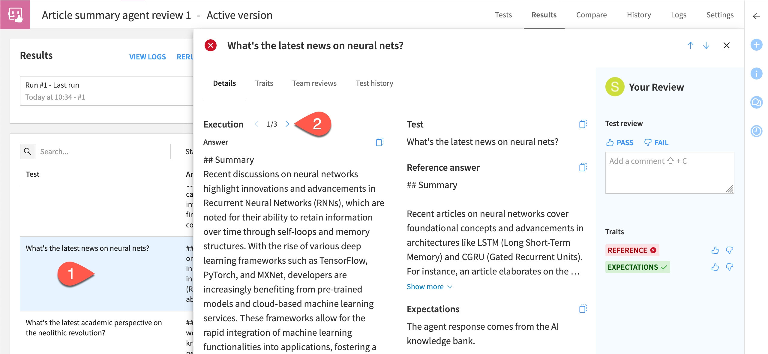 Dataiku screenshot of agent review test results.