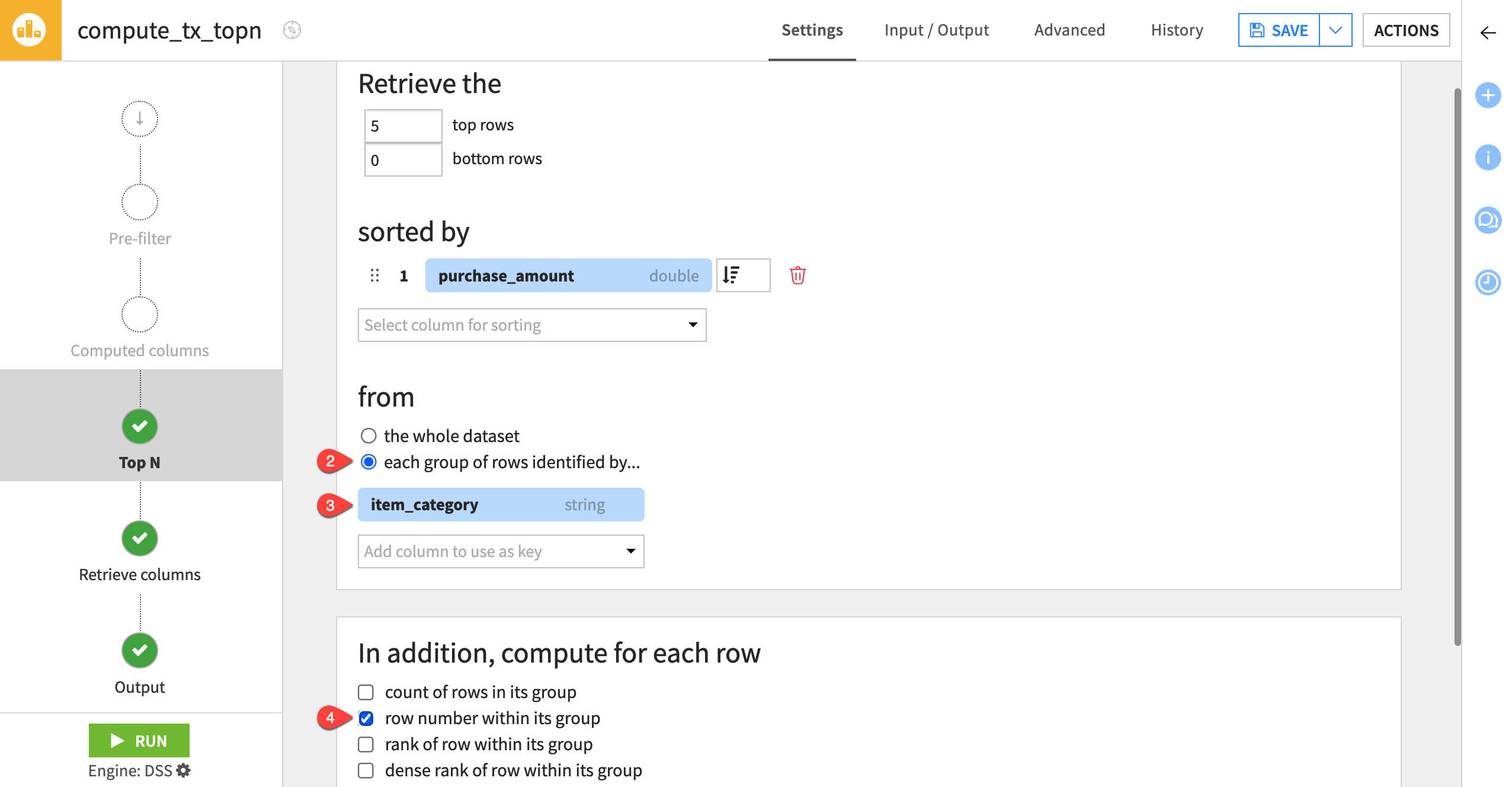 A screenshot of the Top N step showing how to group top purchases by item category.