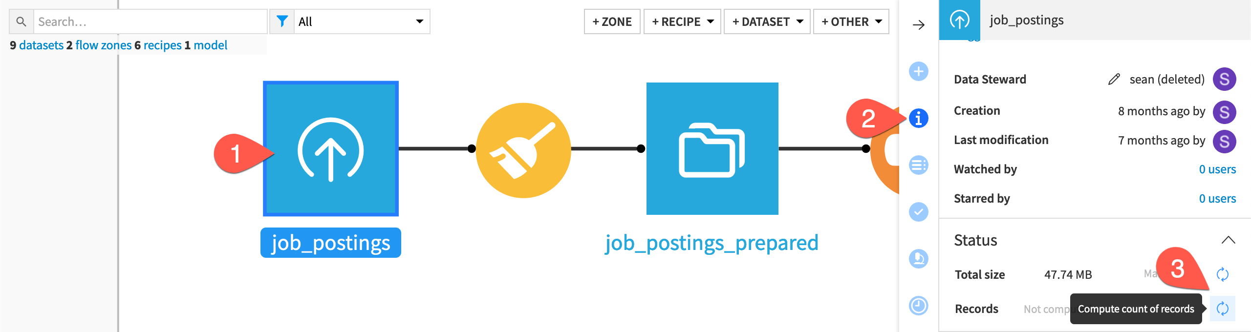 Dataiku screenshot of the Status of a dataset in the Flow.