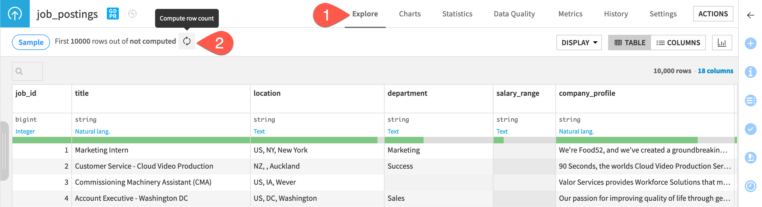 Dataiku screenshot of the Explore tab of a dataset showing the record count.