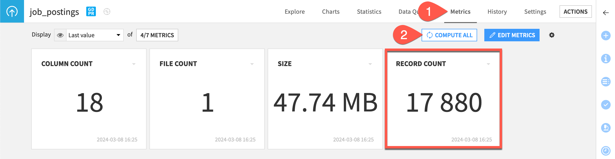 Dataiku screenshot of the Metrics tab of a dataset.