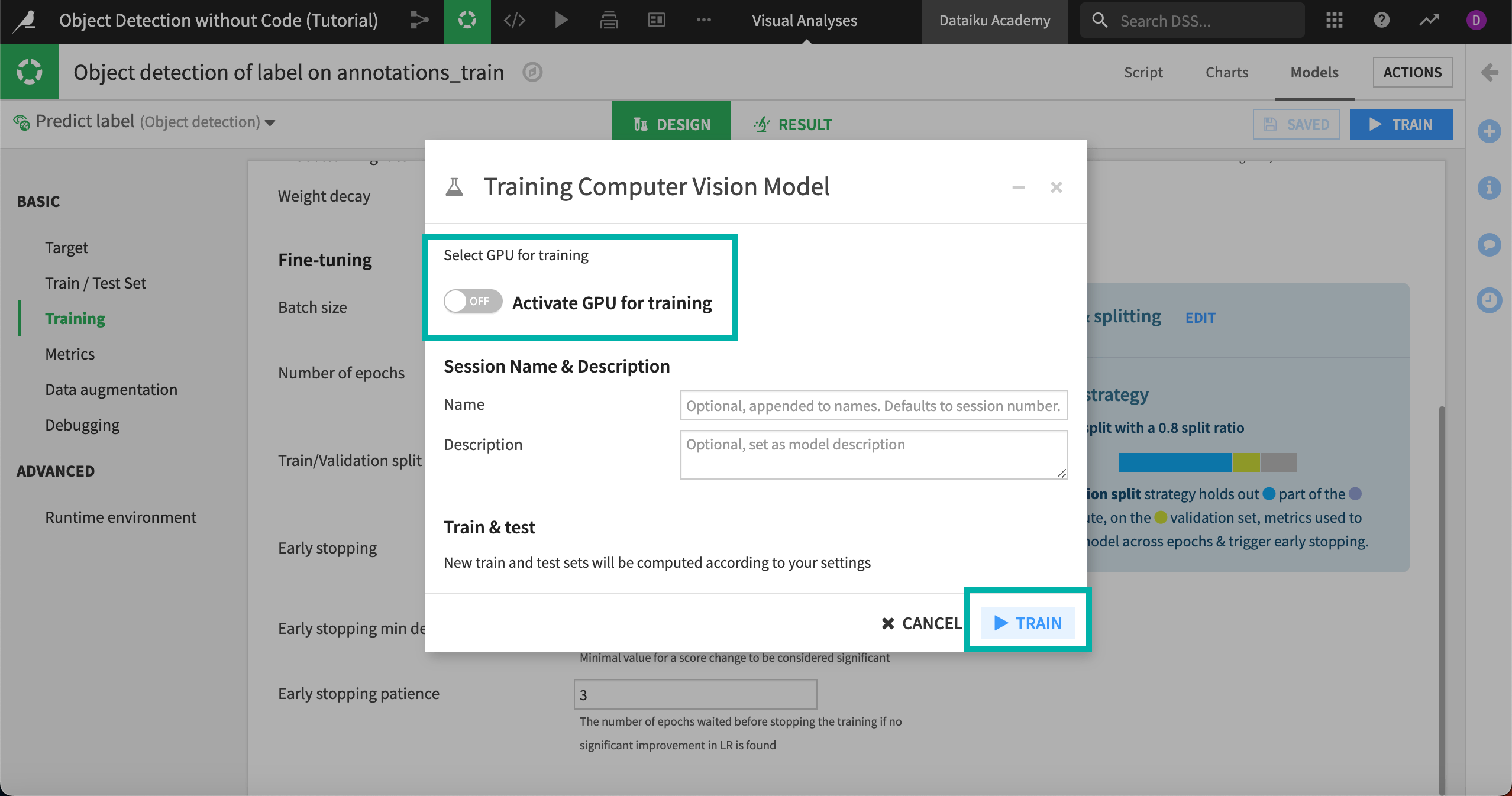 Screenshot showing the model training info window.