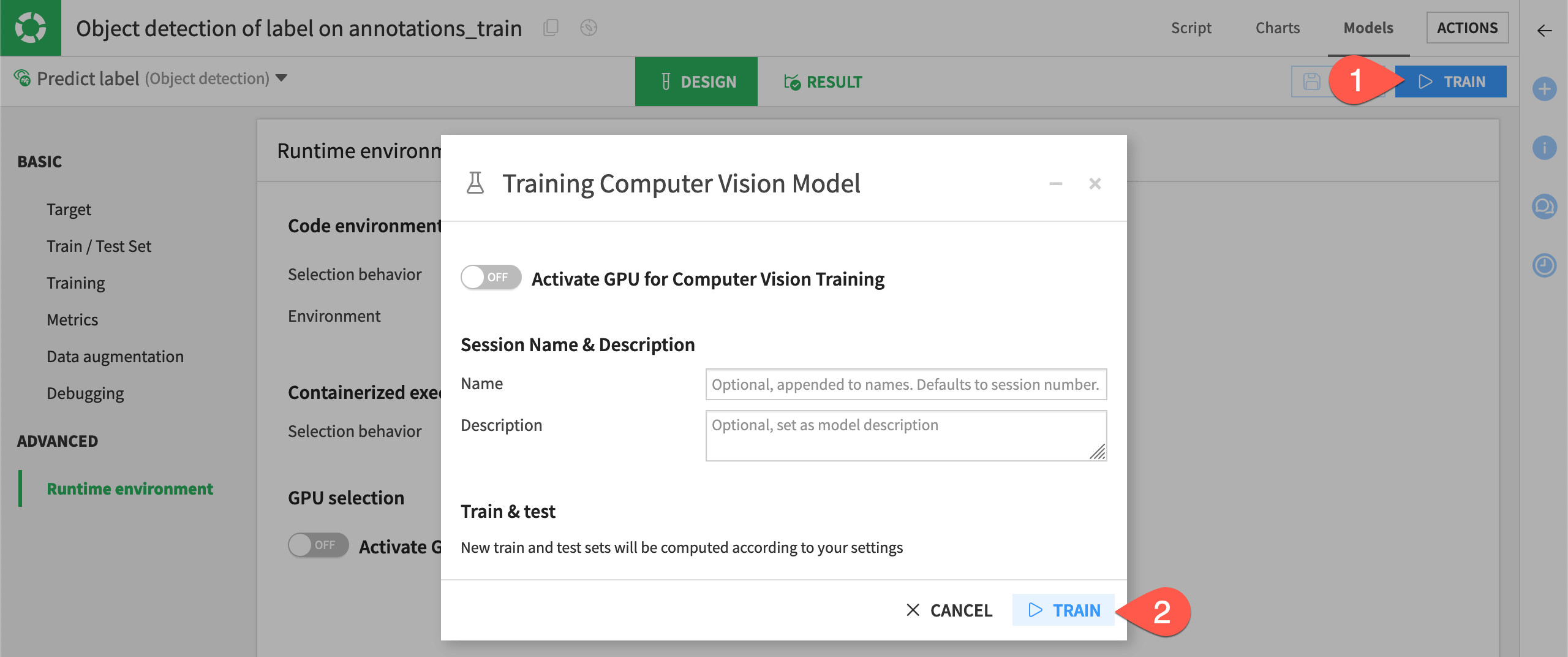 Screenshot showing the model training info window.