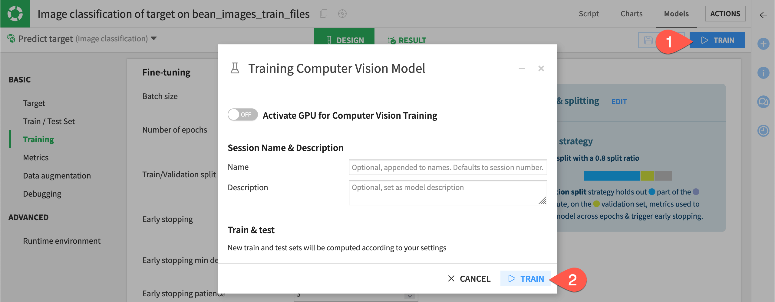 Dataiku screenshot of the dialog to train a computer vision model.