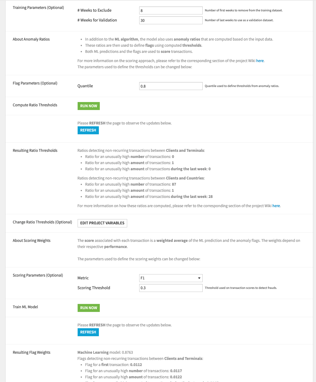 Dataiku screenshot of the parameters used to train a model from the App.