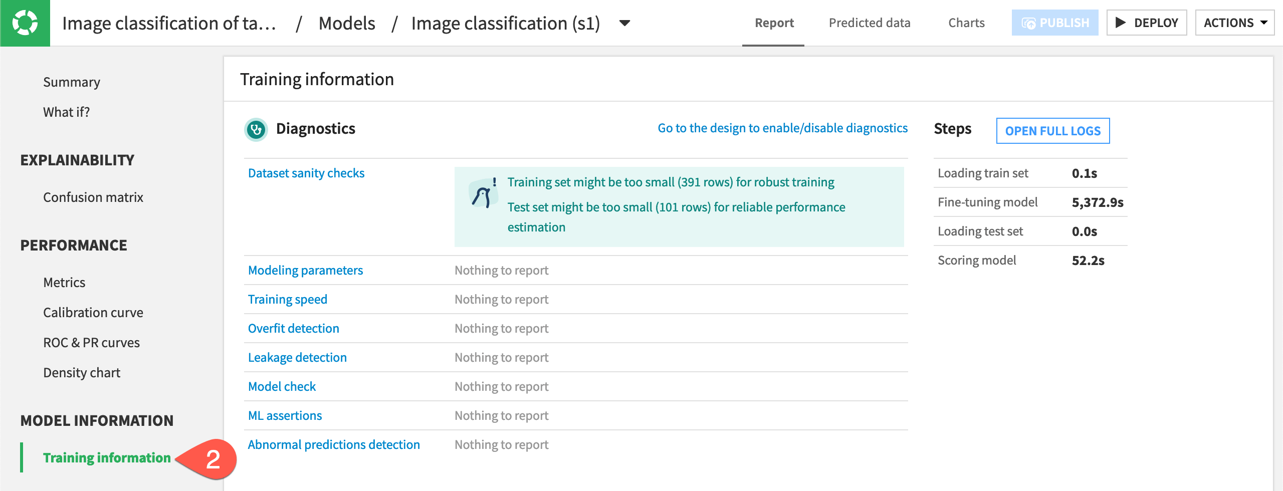 Screenshot showing the model Results page with Diagnostics button.