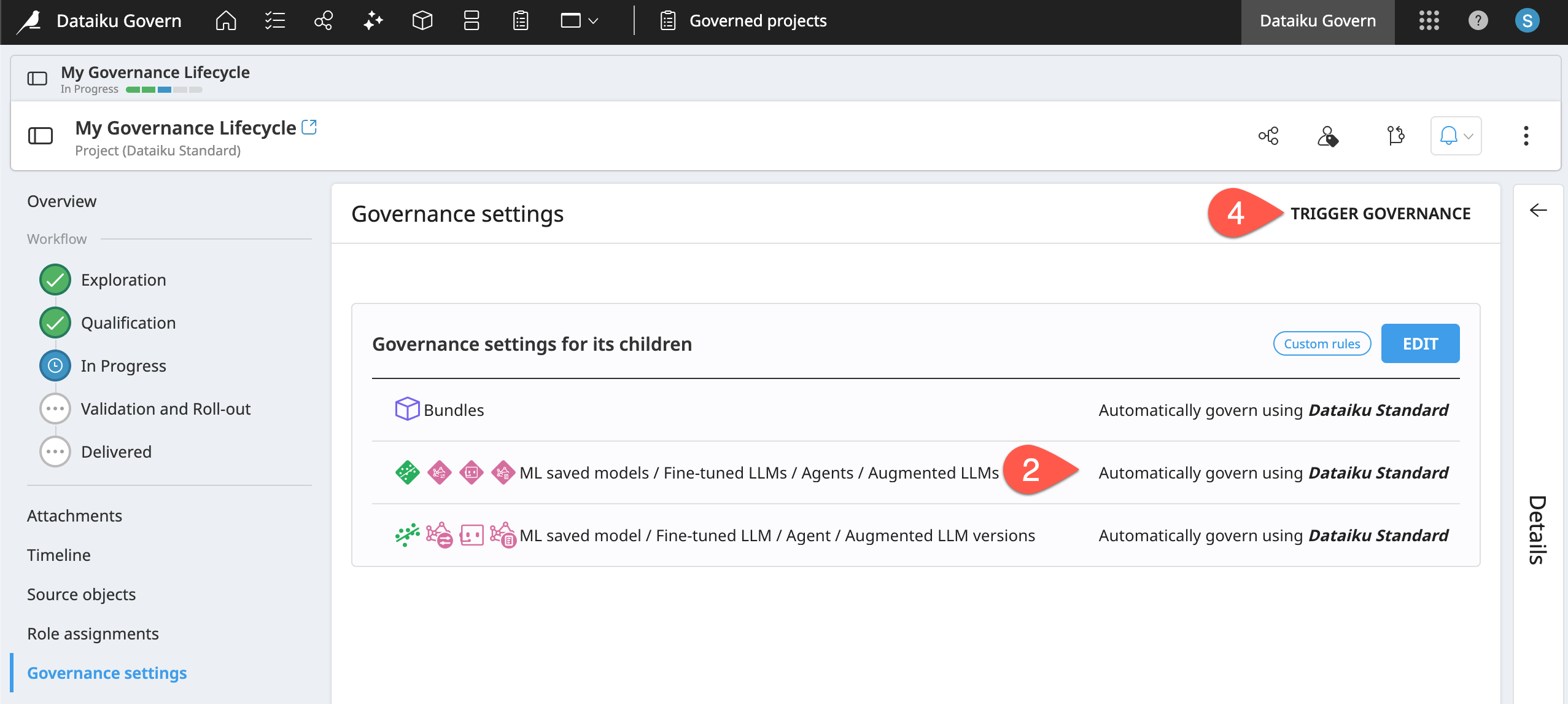 Dataiku screenshot of the Governance settings panel of a project.