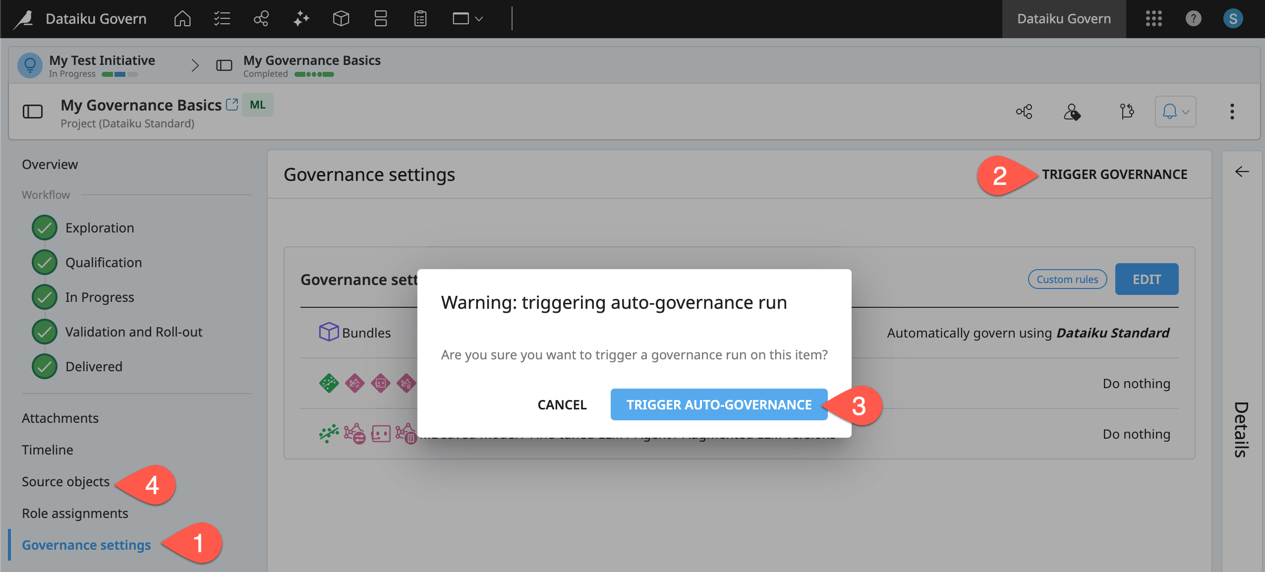 Dataiku screenshot of the trigger auto-governance dialog.
