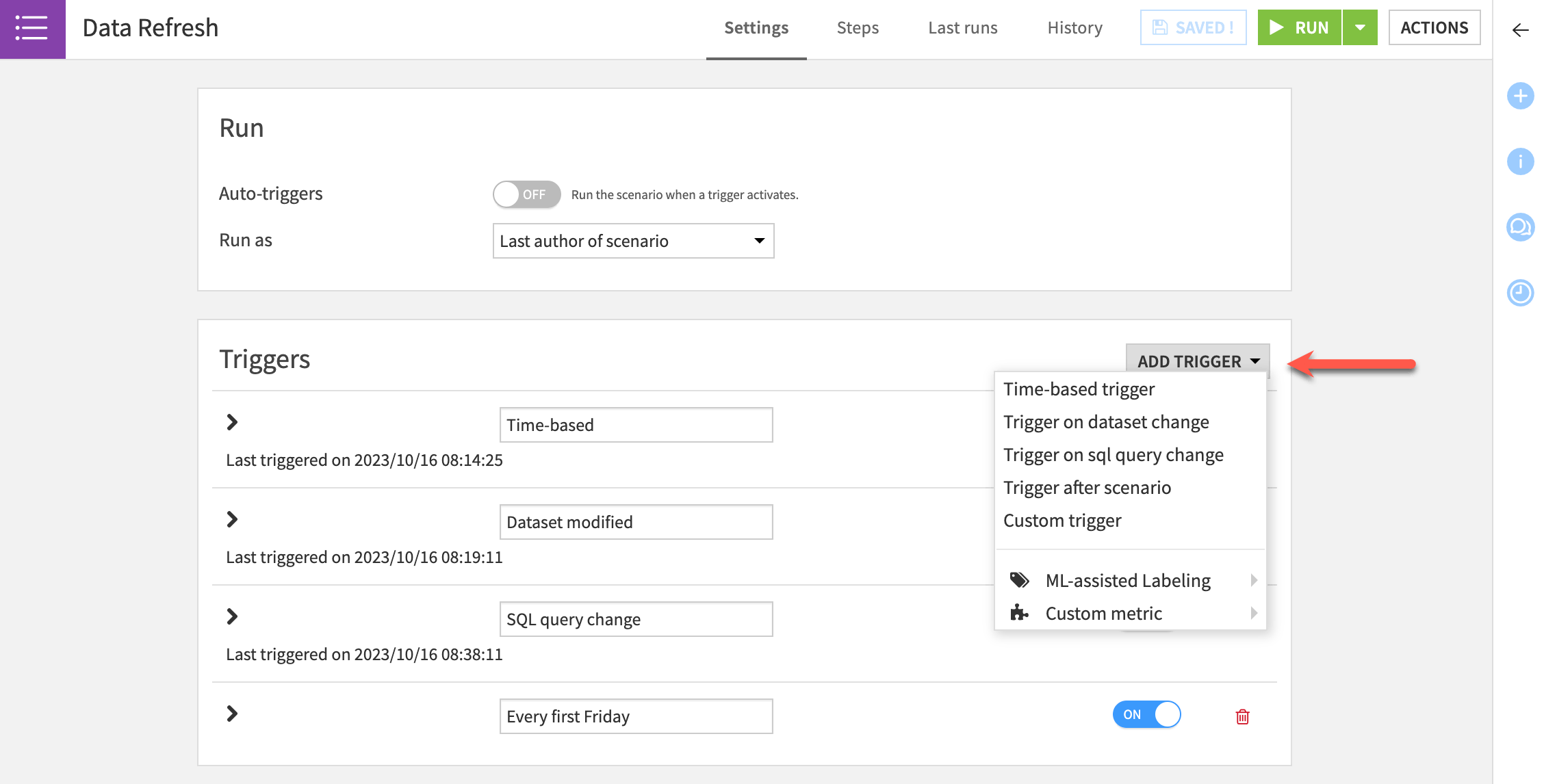 Dataiku screenshot of different triggers available in a scenario.